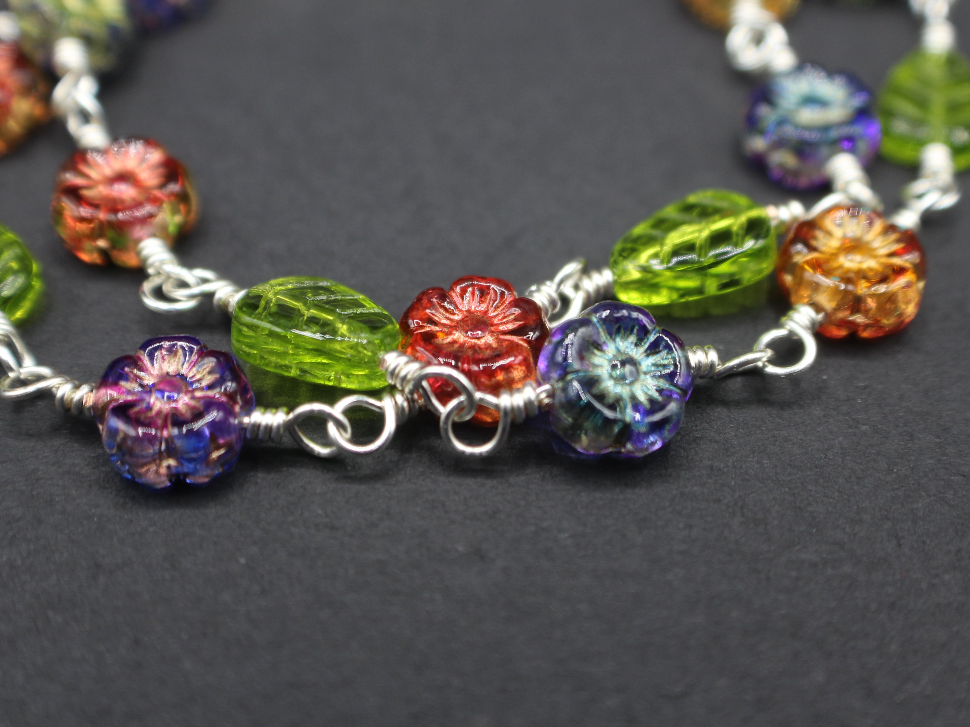 Handcrafted Two Strand Floral and Leaf Glass Bracelet in Silver Plated Copper, 6.75"