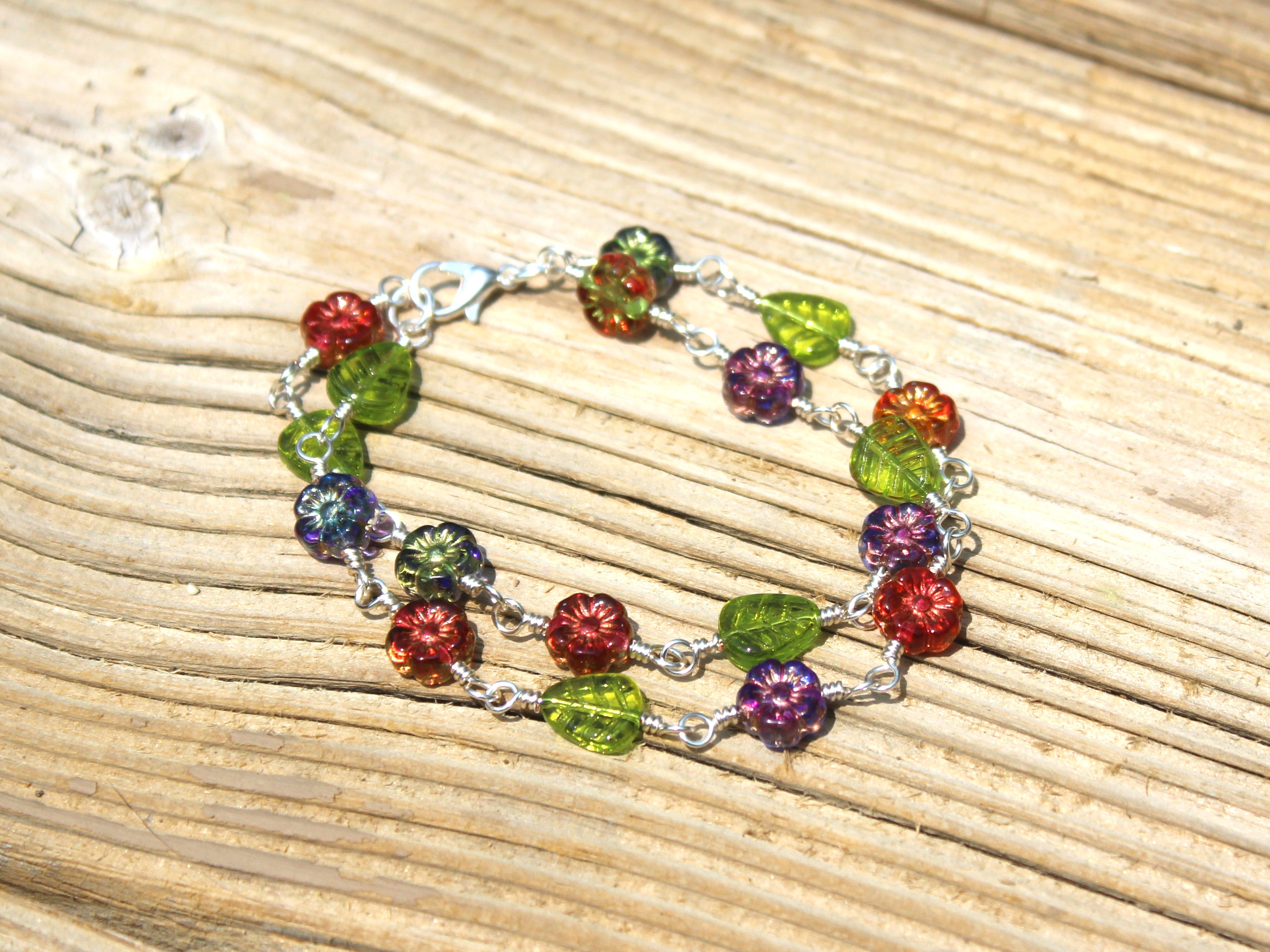 Handcrafted Two Strand Floral and Leaf Glass Bracelet in Silver Plated Copper, 6.75"