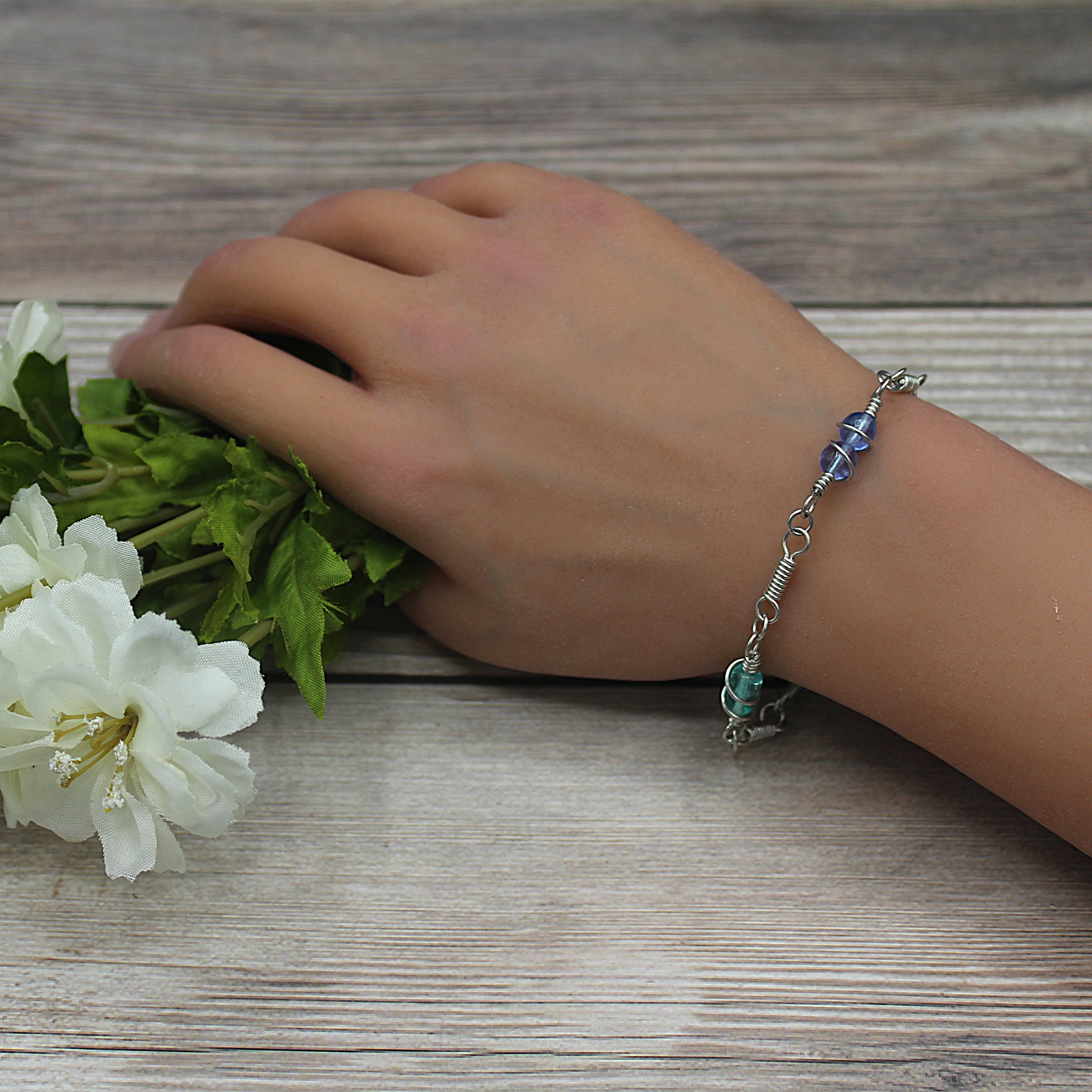 Handcrafted Single Strand Czech Glass Bracelet in Blue and Green with Spiral Wraps, 6.75"