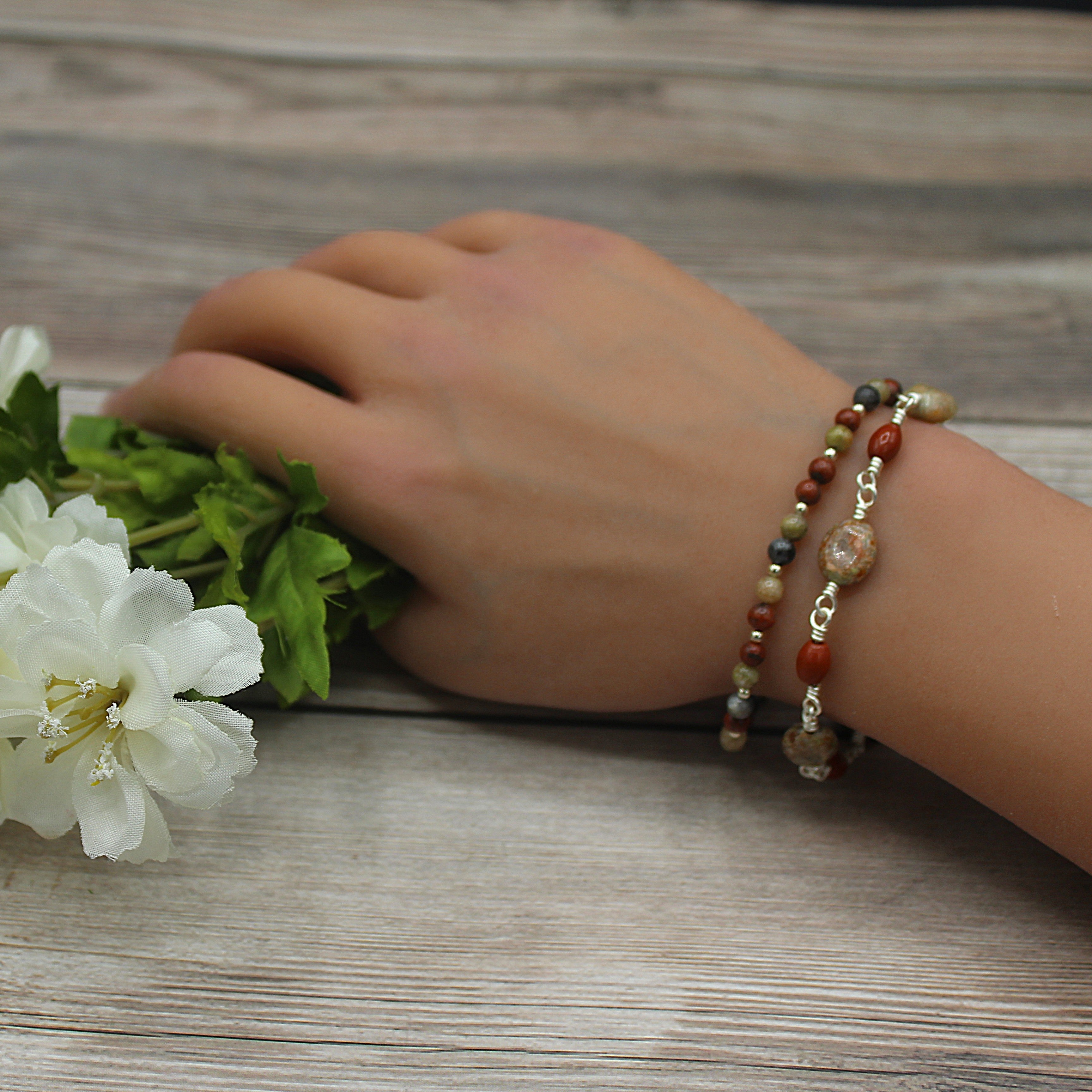 Dual-Strand Jasper & Labradorite Bracelet - Wire Wrapped Silver Plated Copper, 6.75