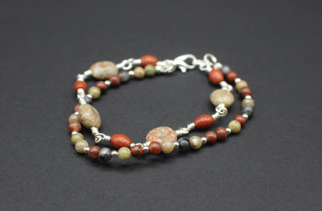 Dual-Strand Jasper & Labradorite Bracelet - Wire Wrapped Silver Plated Copper, 6.75