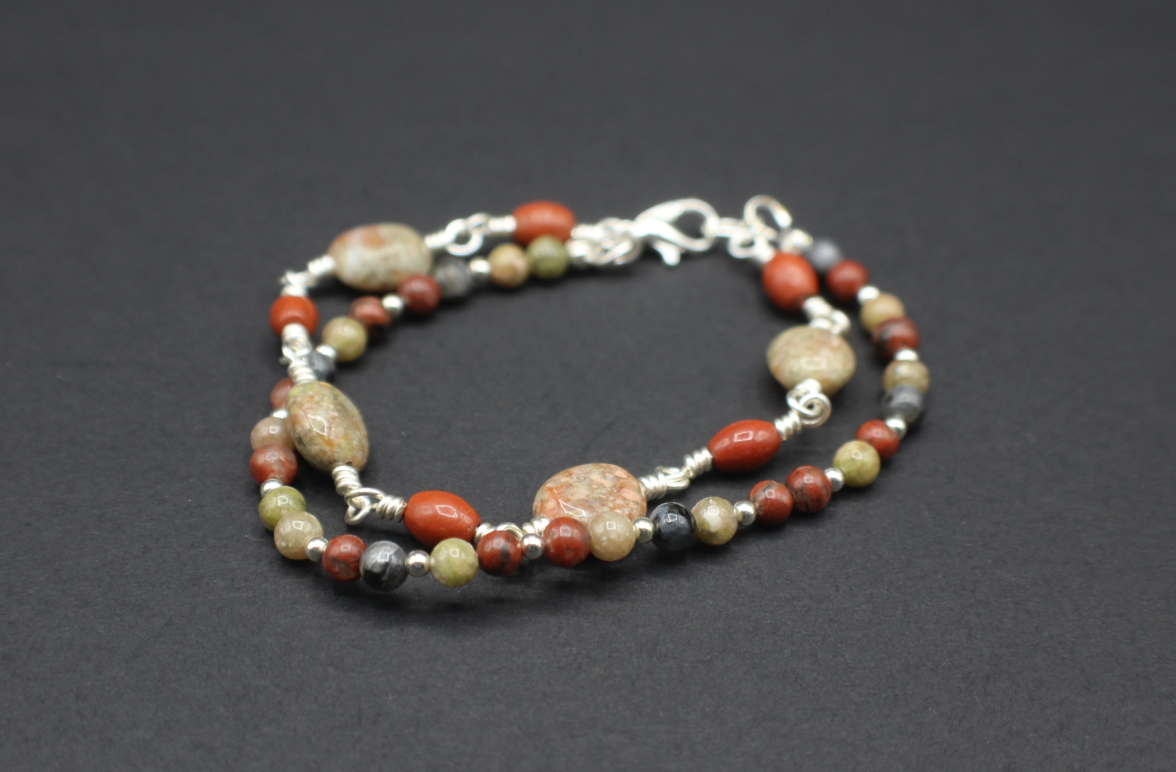Dual-Strand Jasper & Labradorite Bracelet - Wire Wrapped Silver Plated Copper, 6.75
