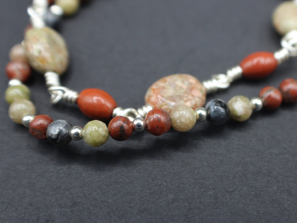 Dual-Strand Jasper & Labradorite Bracelet - Wire Wrapped Silver Plated Copper, 6.75