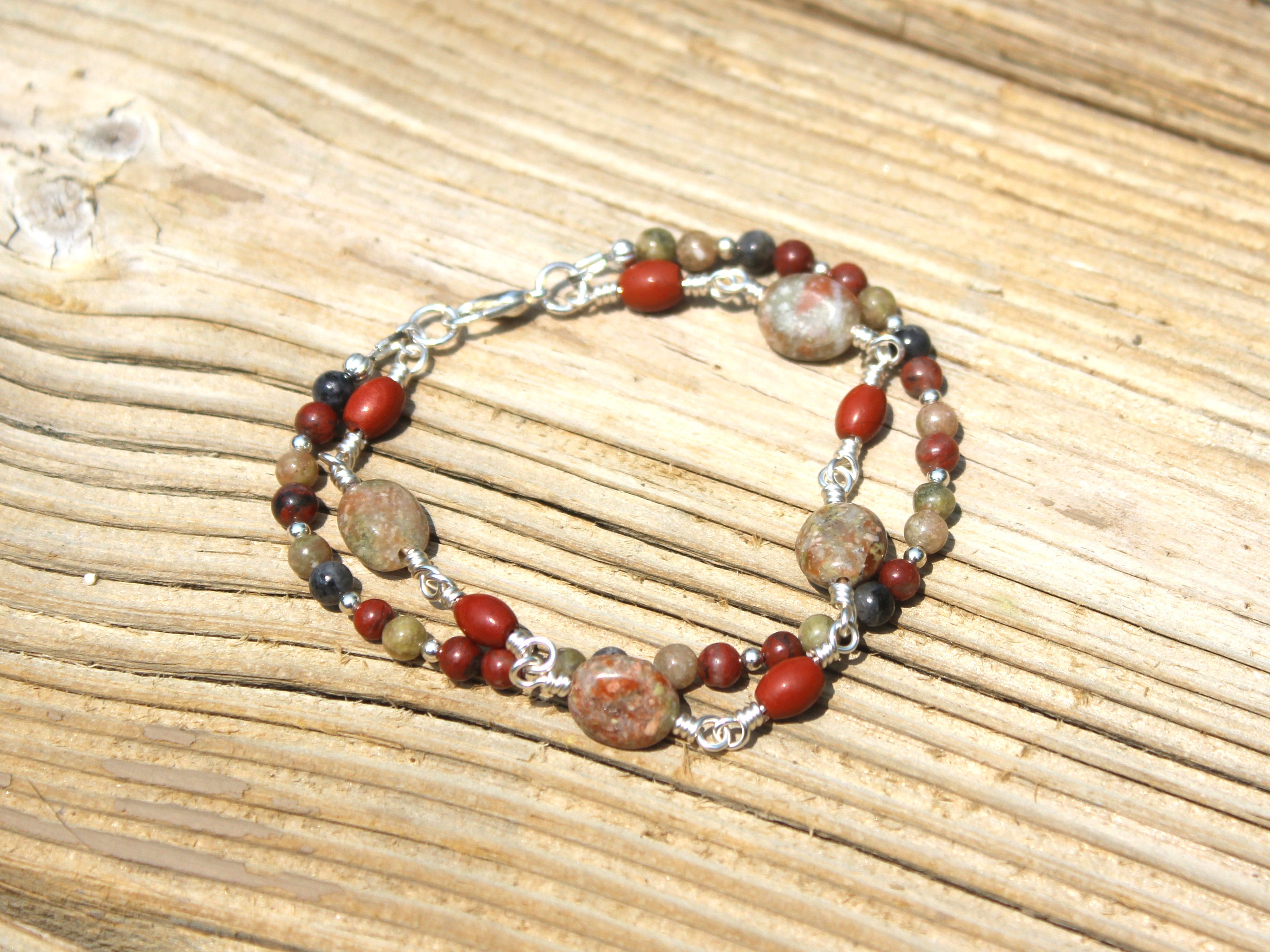 Dual-Strand Jasper & Labradorite Bracelet - Wire Wrapped Silver Plated Copper, 6.75