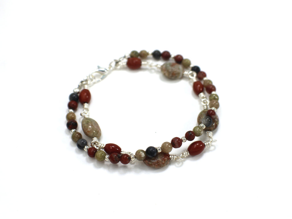 Dual-Strand Jasper & Labradorite Bracelet - Wire Wrapped Silver Plated Copper, 6.75
