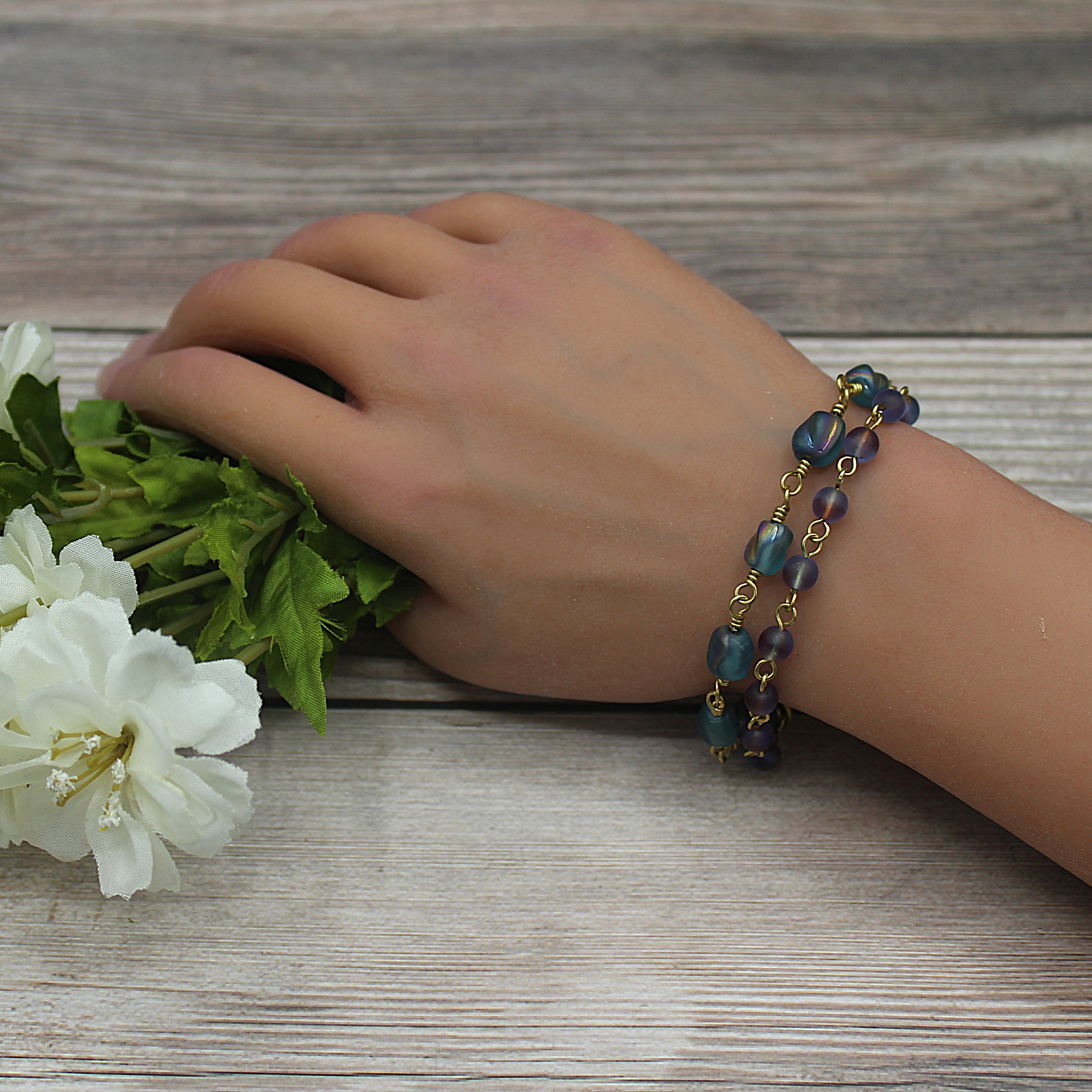 Handcrafted Brass Wire Glass Bead Bracelet with End Cones, 6.5"