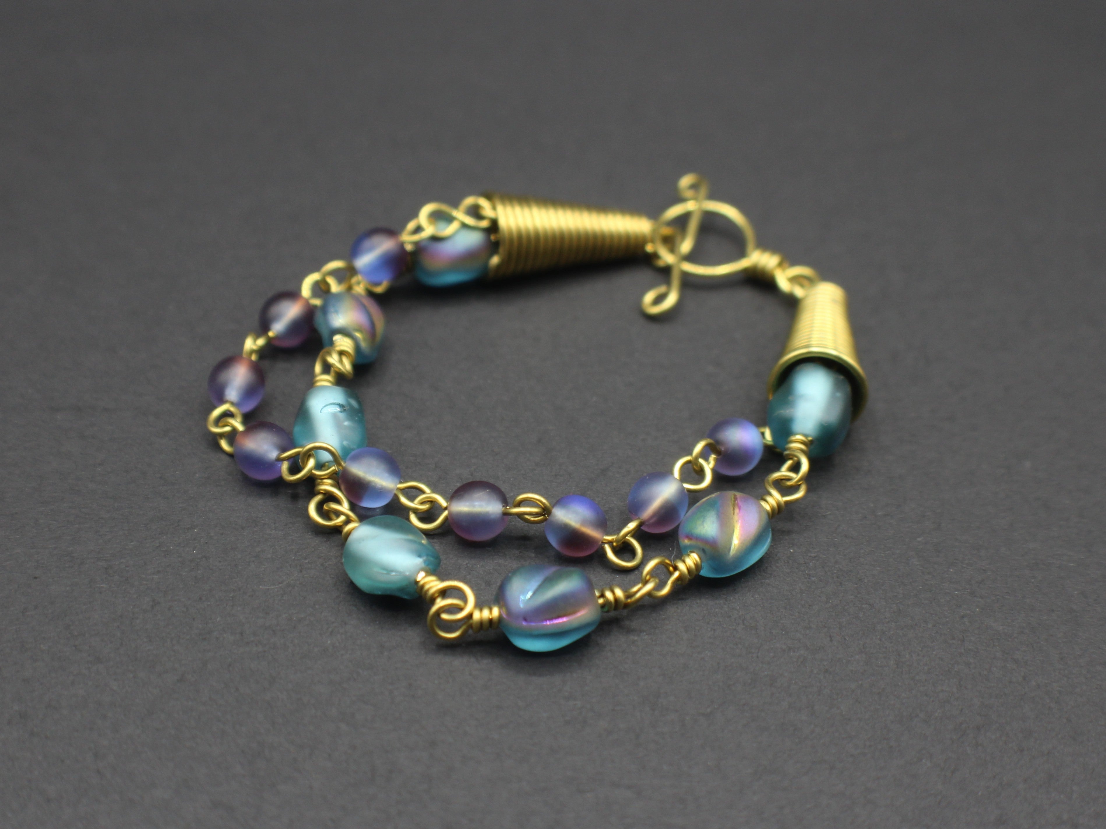 Handcrafted Brass Wire Glass Bead Bracelet with End Cones, 6.5"