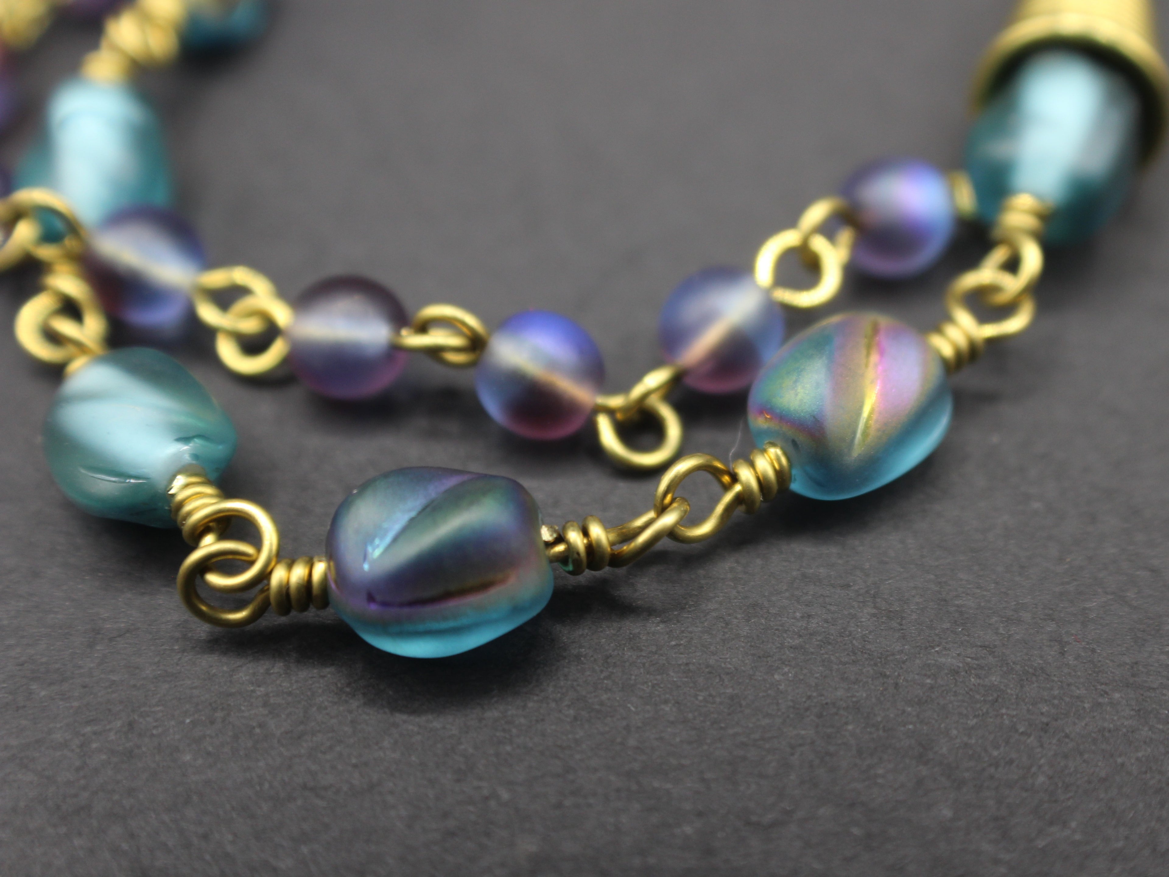 Handcrafted Brass Wire Glass Bead Bracelet with End Cones, 6.5"