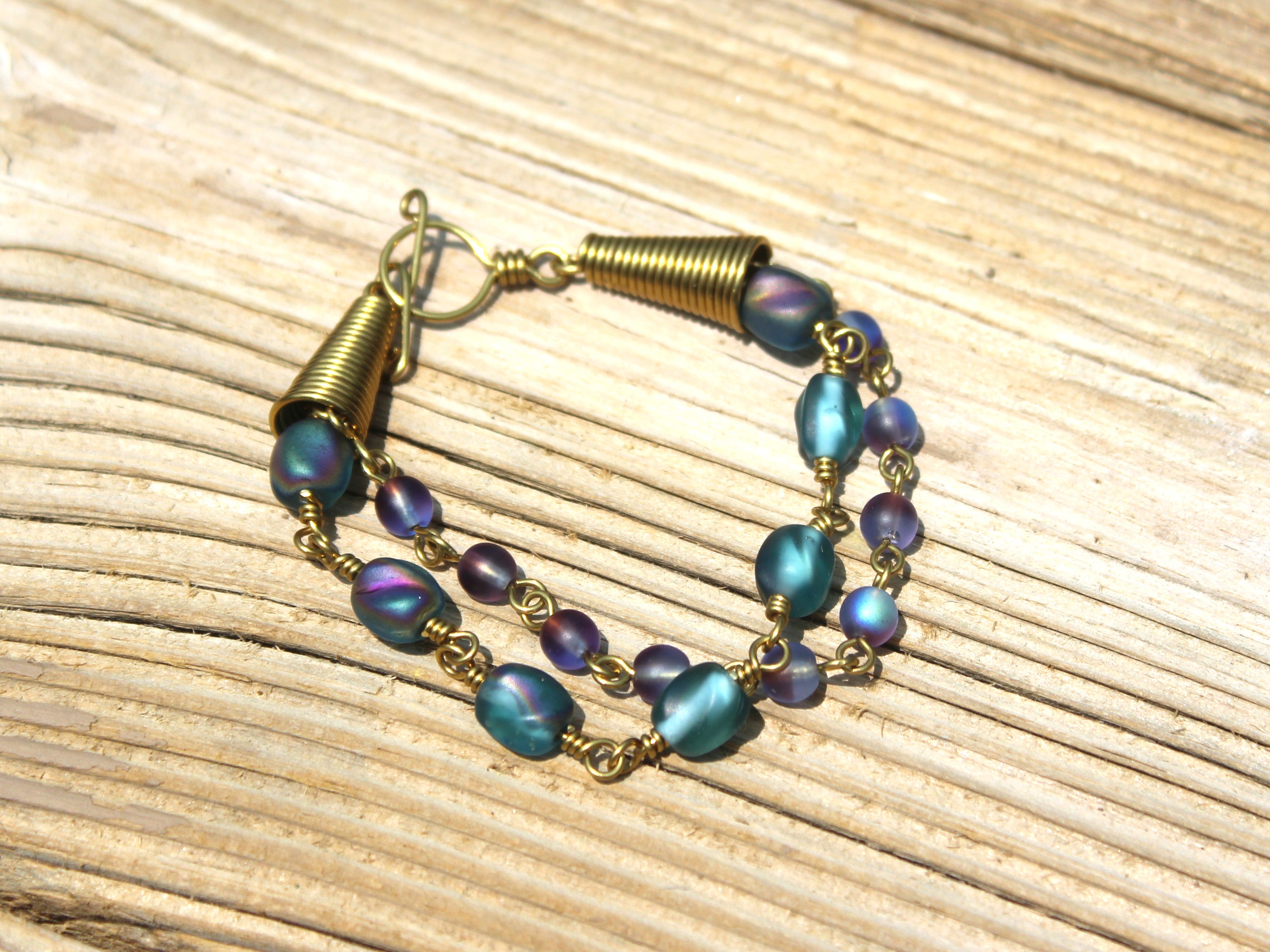 Handcrafted Brass Wire Glass Bead Bracelet with End Cones, 6.5"