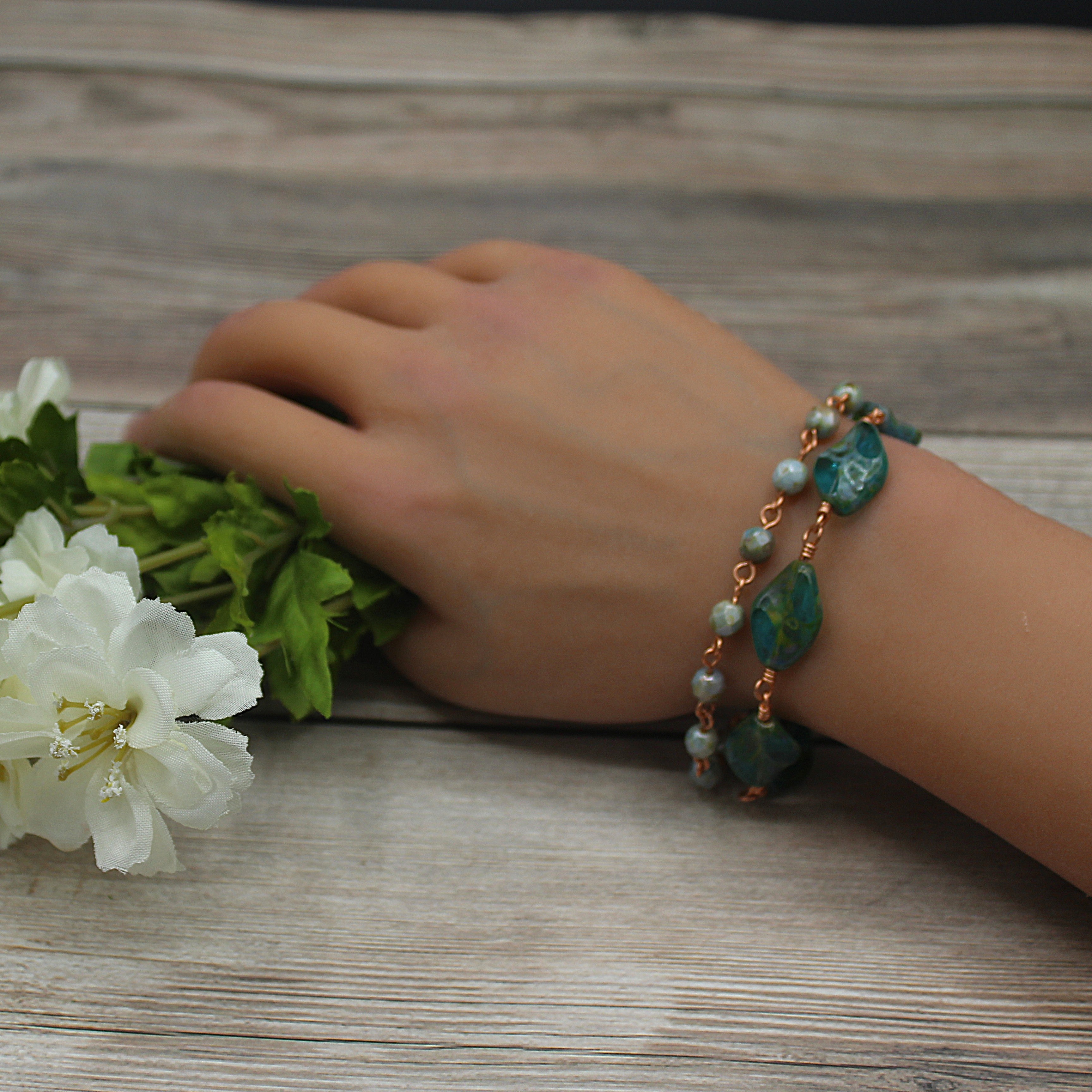 Handcrafted Copper Wire Glass Bead Bracelet with Lobster Clasp, 7.25"