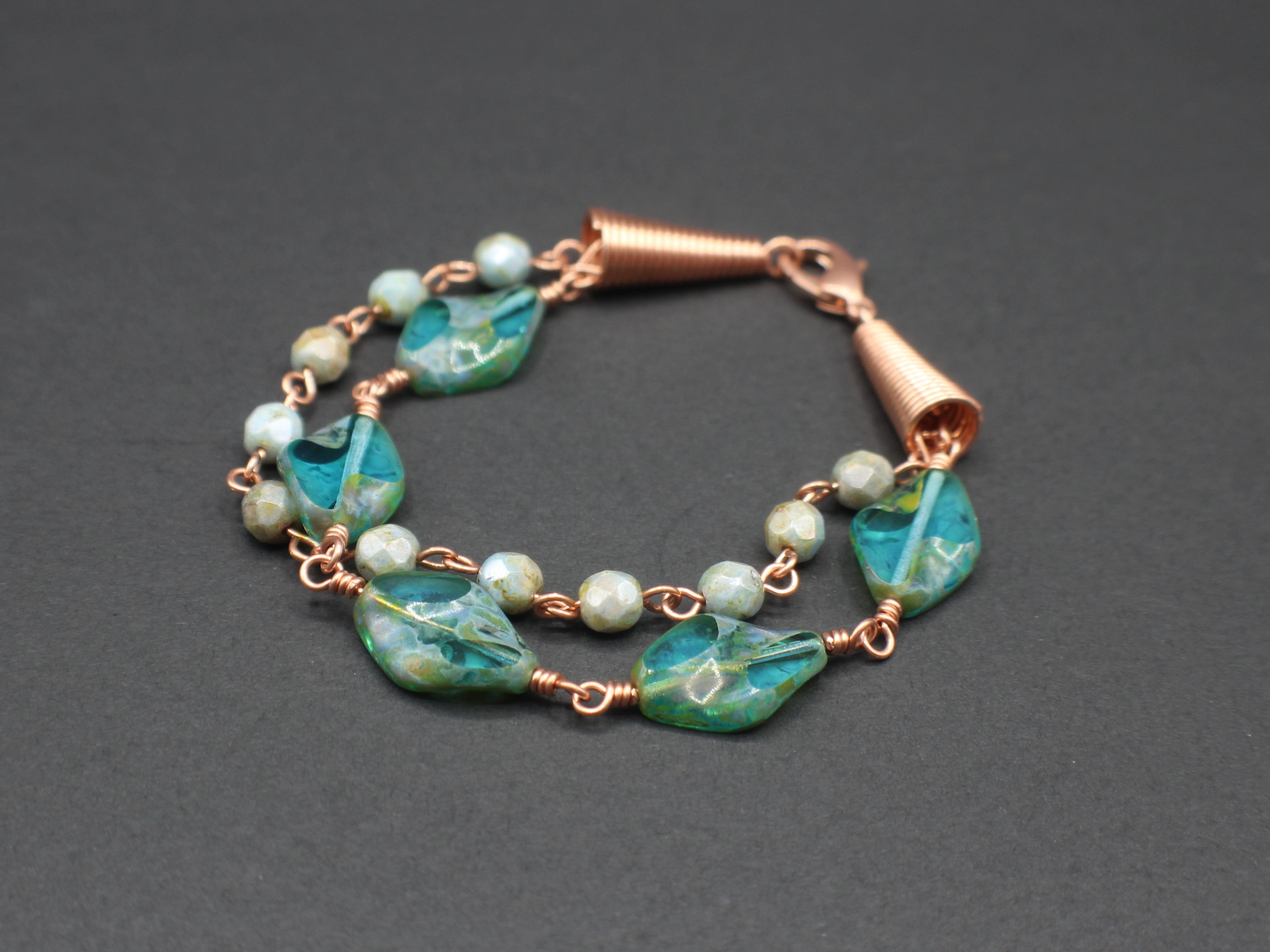 Handcrafted Copper Wire Glass Bead Bracelet with Lobster Clasp, 7.25"