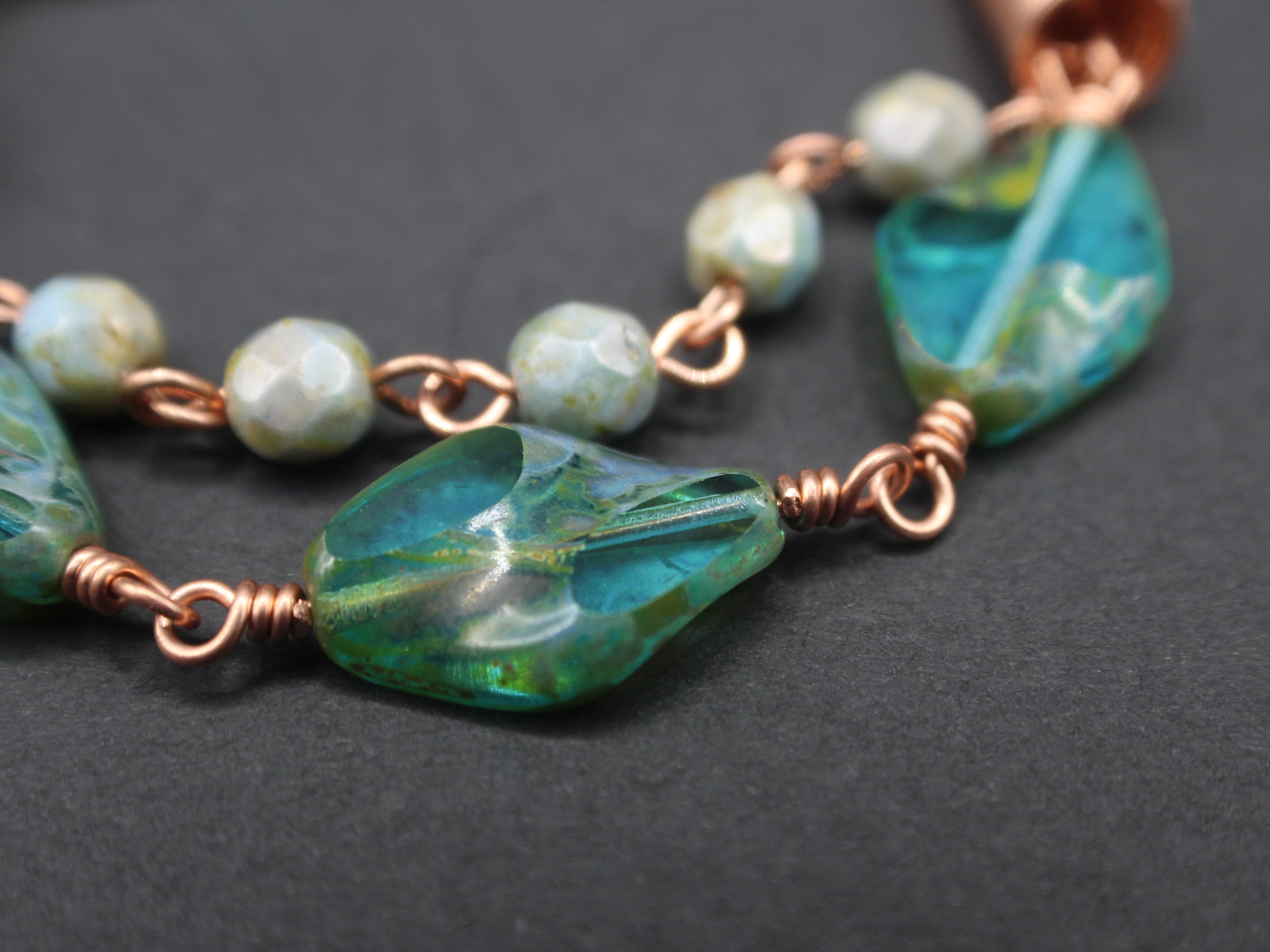 Handcrafted Copper Wire Glass Bead Bracelet with Lobster Clasp, 7.25"