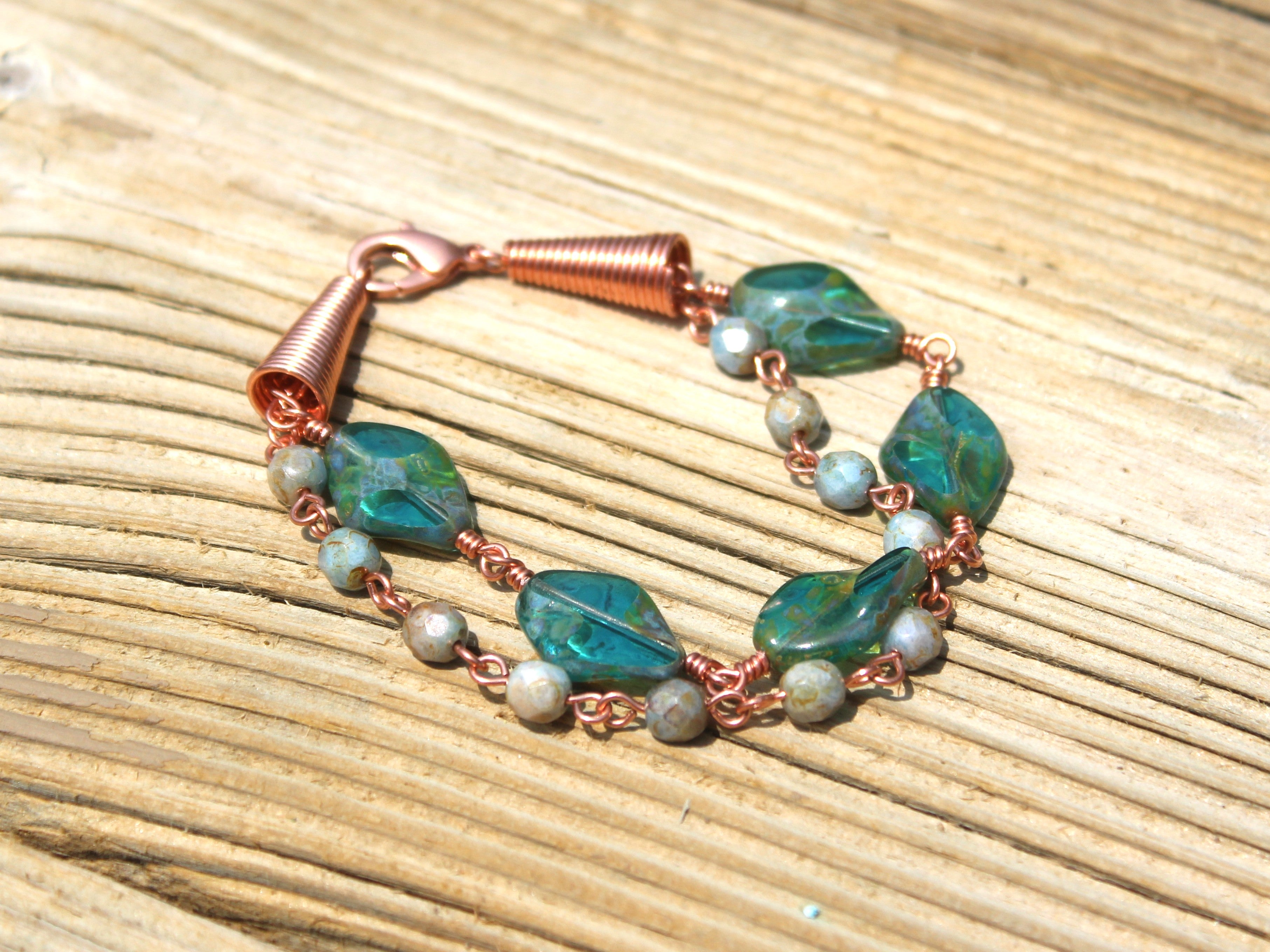 Handcrafted Copper Wire Glass Bead Bracelet with Lobster Clasp, 7.25"