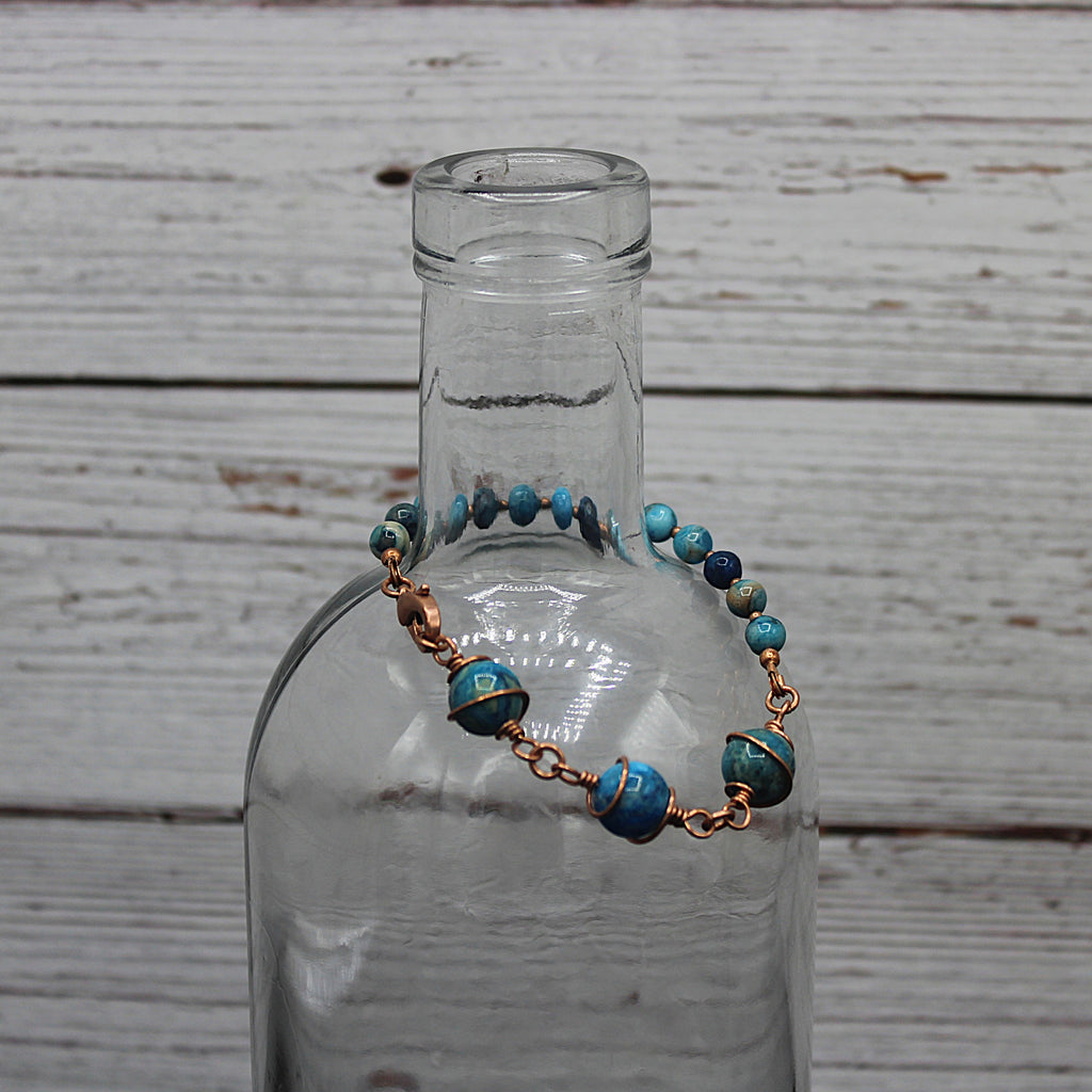 Handcrafted Asymmetrical Blue Crazy Lace Agate Bracelet in Copper, 7.00"