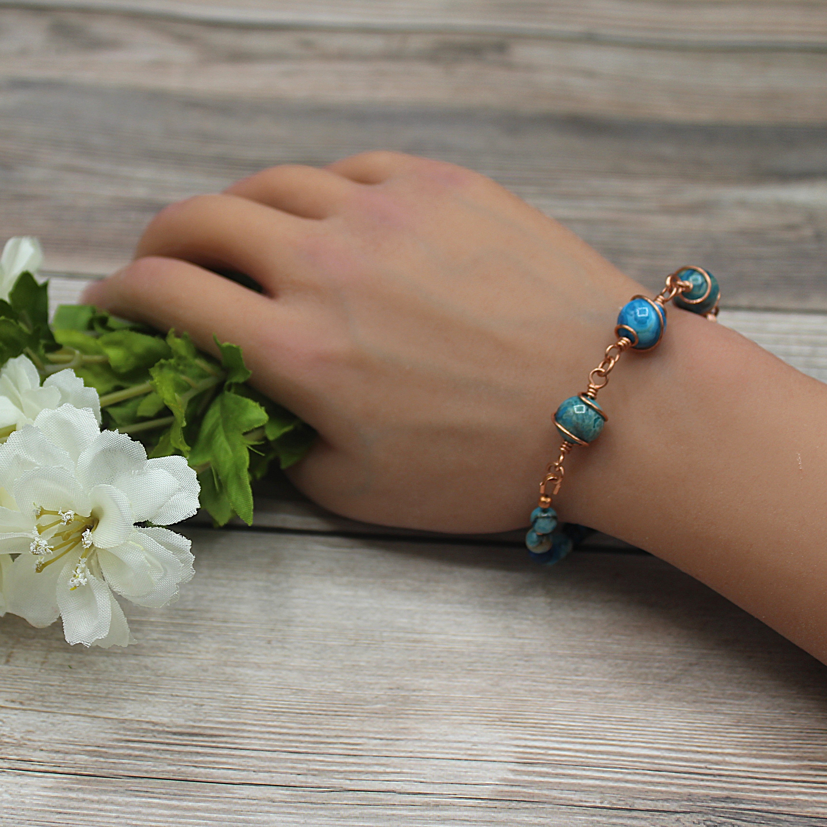 Handcrafted Asymmetrical Blue Crazy Lace Agate Bracelet in Copper, 7.00"