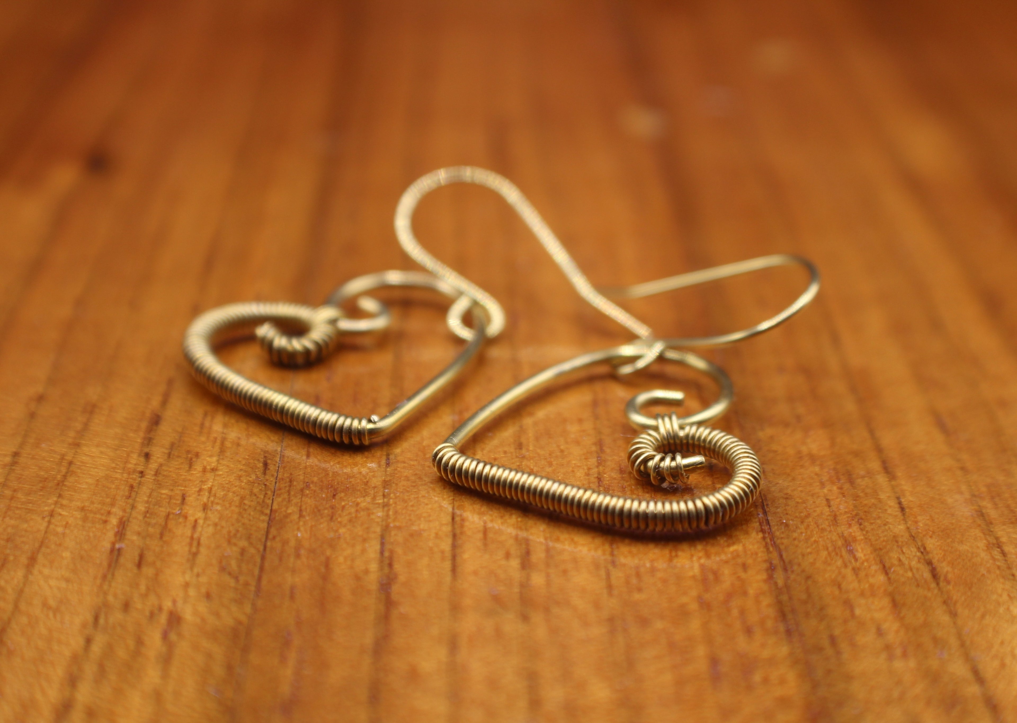 Handcrafted Brass Wire Heart Earrings with Fine Wire Wrapping