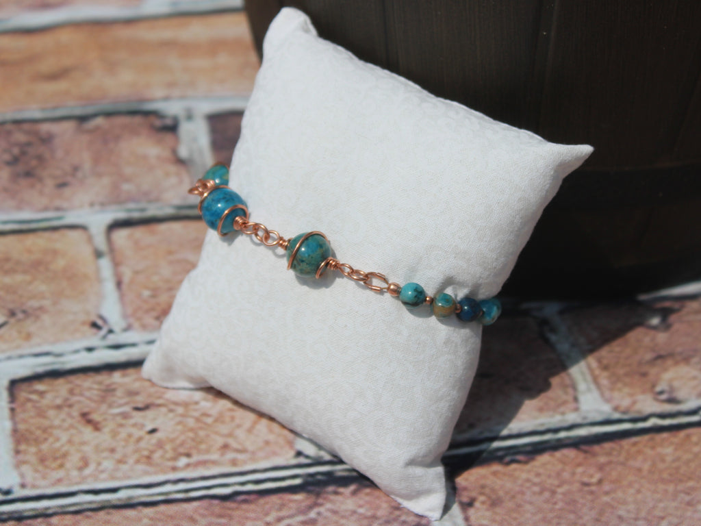 Handcrafted Asymmetrical Blue Crazy Lace Agate Bracelet in Copper, 7.00"