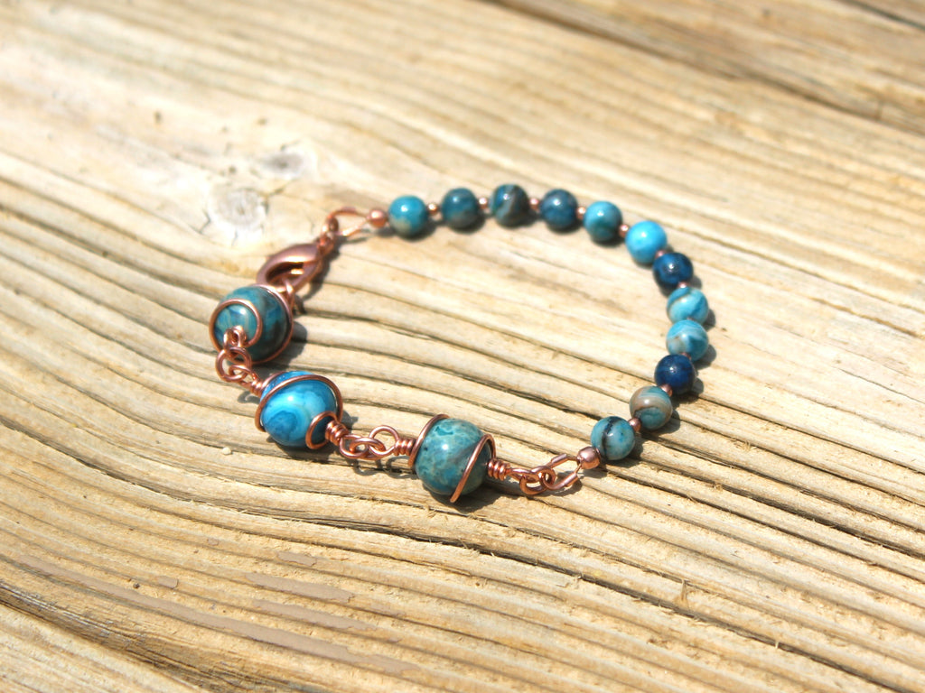 Handcrafted Asymmetrical Blue Crazy Lace Agate Bracelet in Copper, 7.00"
