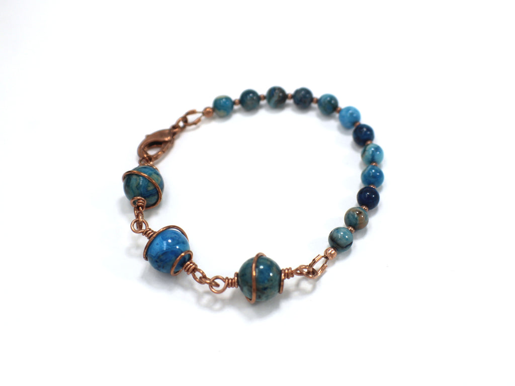 Handcrafted Asymmetrical Blue Crazy Lace Agate Bracelet in Copper, 7.00"