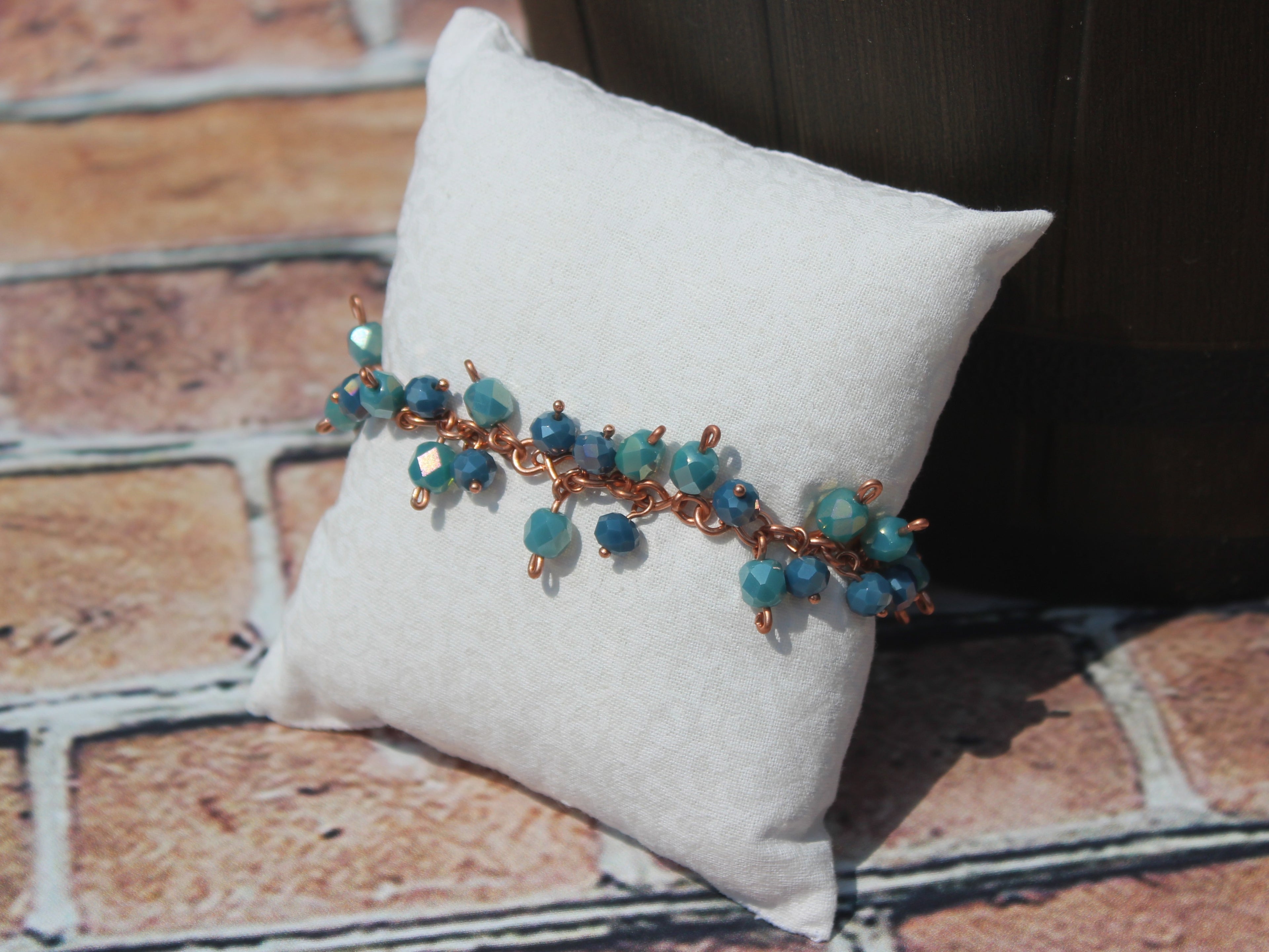 Handcrafted Blue and Aqua Faceted Glass Dangle Bracelet in Copper, 7.00"