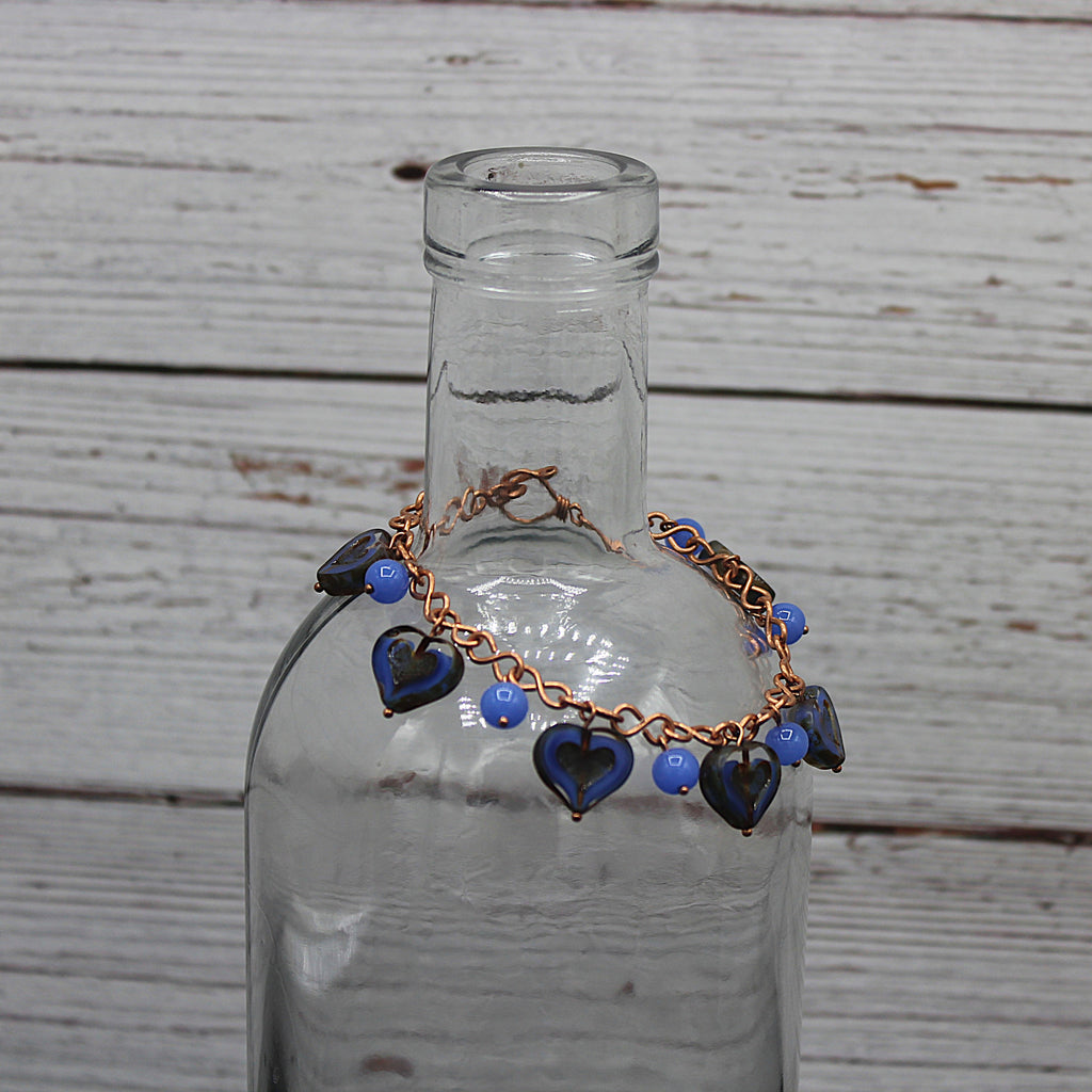 Handcrafted Czech Glass Heart Dangle Bracelet in Copper 7.00"