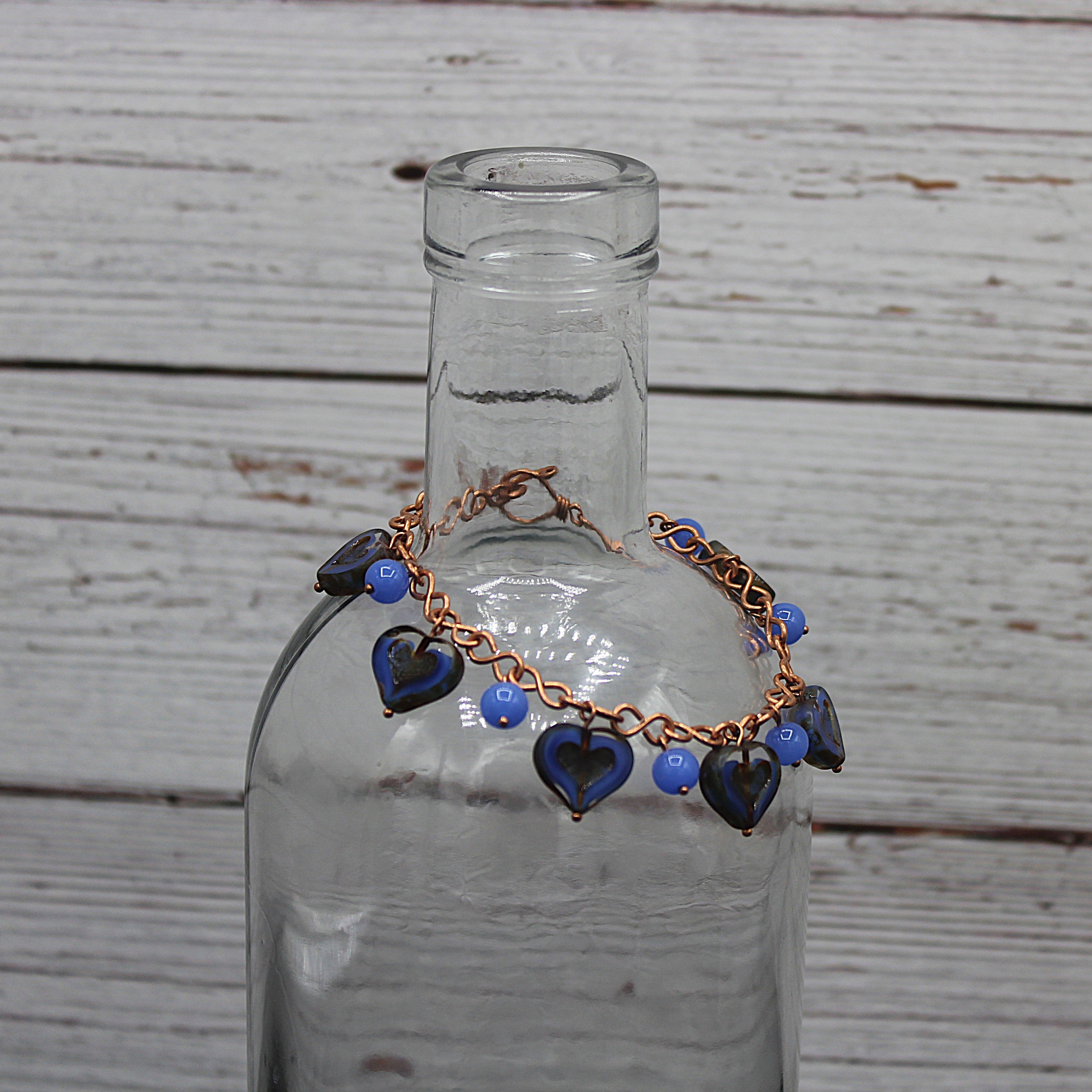 Handcrafted Czech Glass Heart Dangle Bracelet in Copper 7.00"