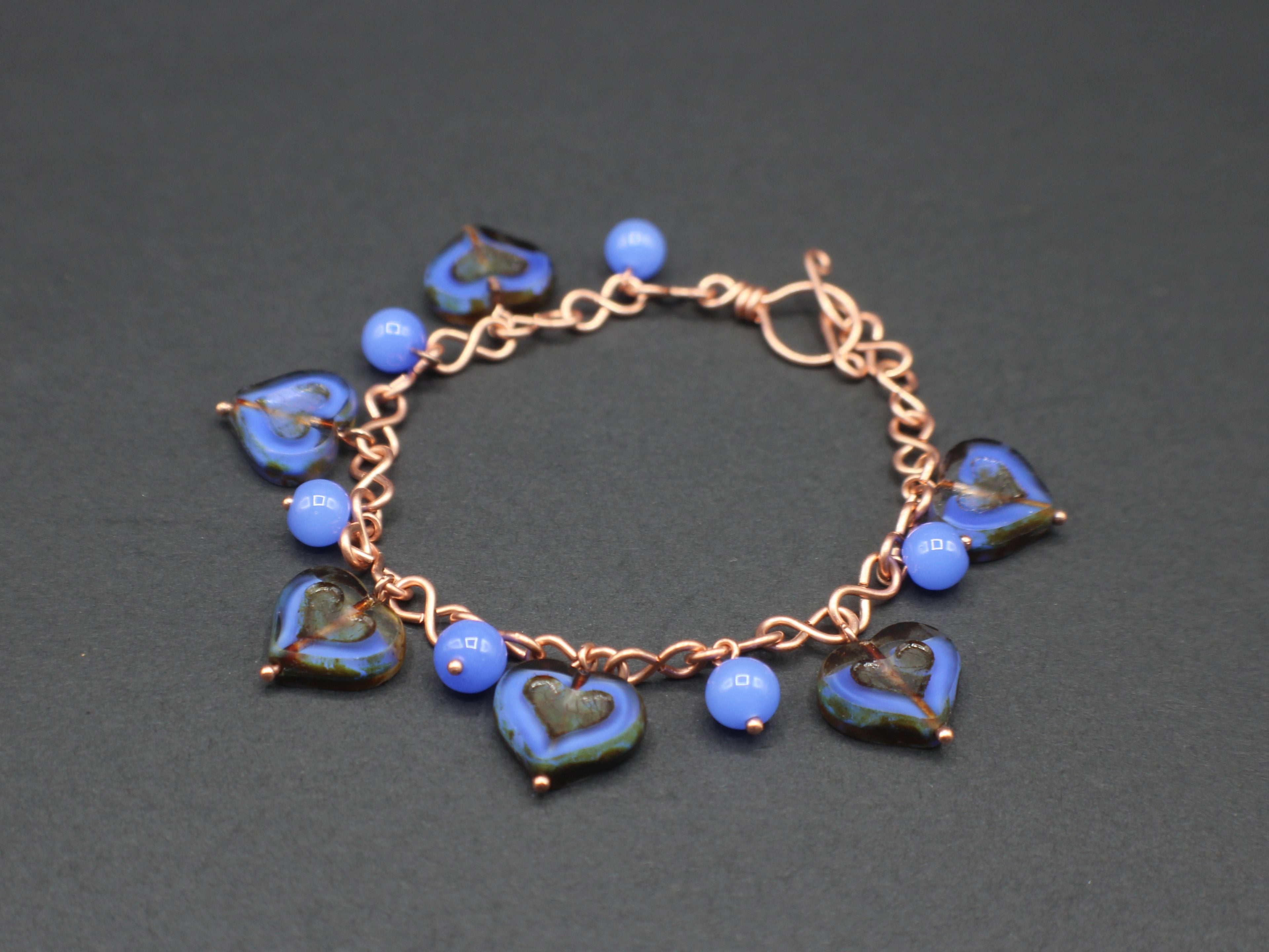 Handcrafted Czech Glass Heart Dangle Bracelet in Copper 7.00"