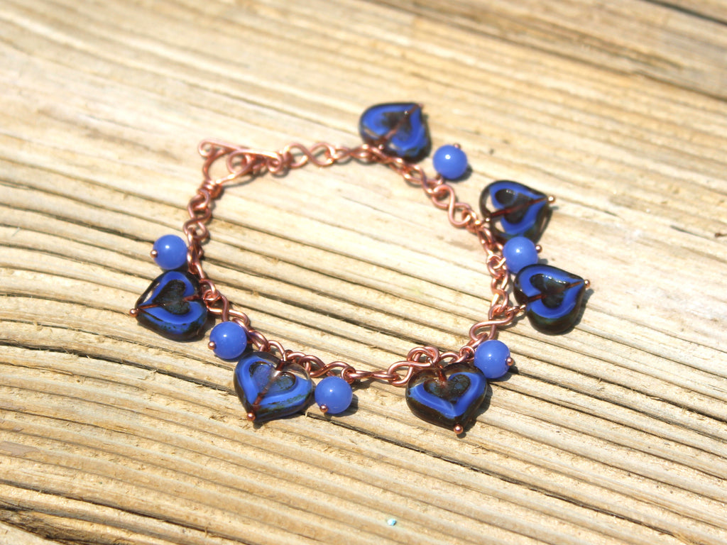 Handcrafted Czech Glass Heart Dangle Bracelet in Copper 7.00"