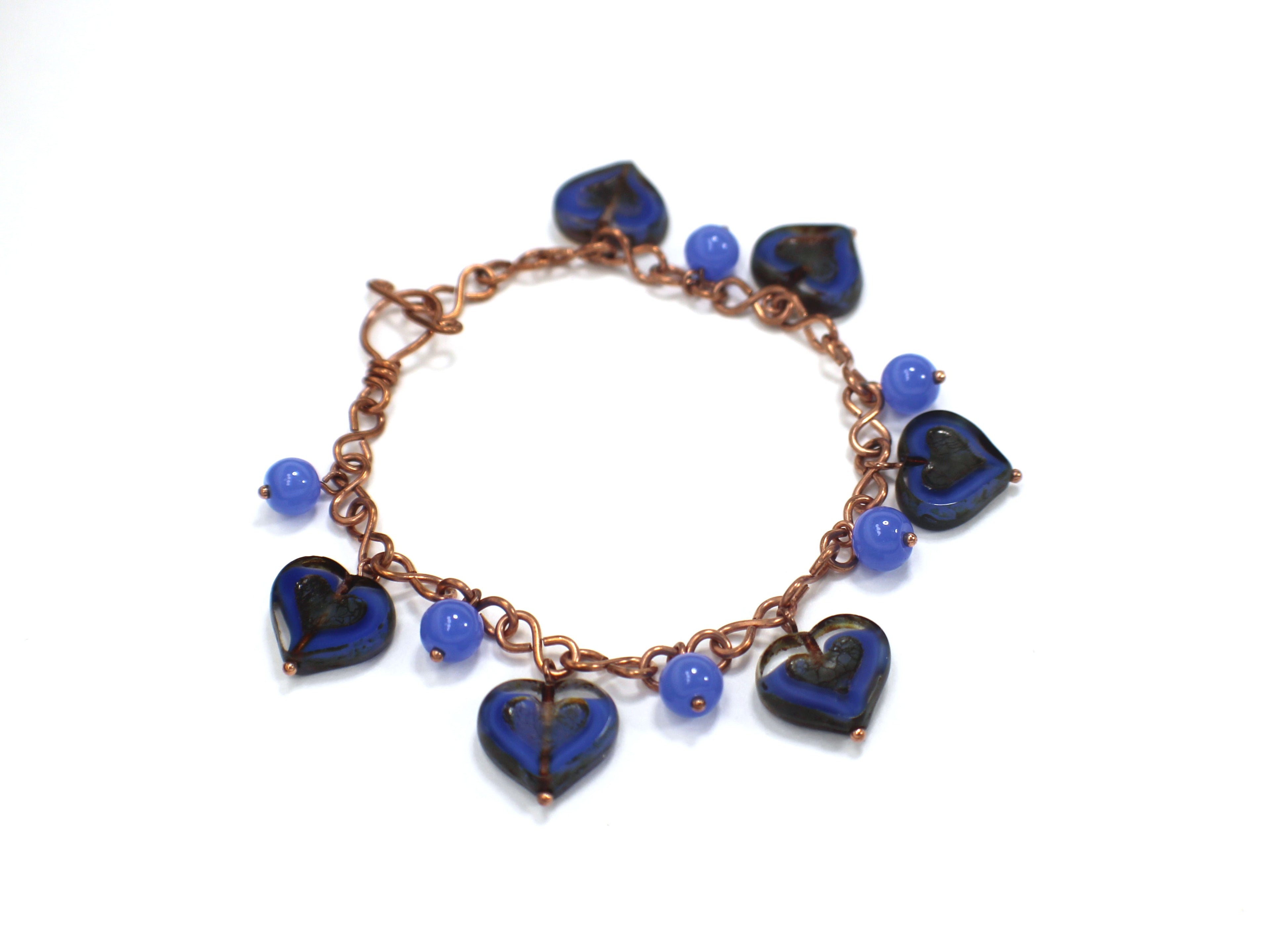 Handcrafted Czech Glass Heart Dangle Bracelet in Copper 7.00"