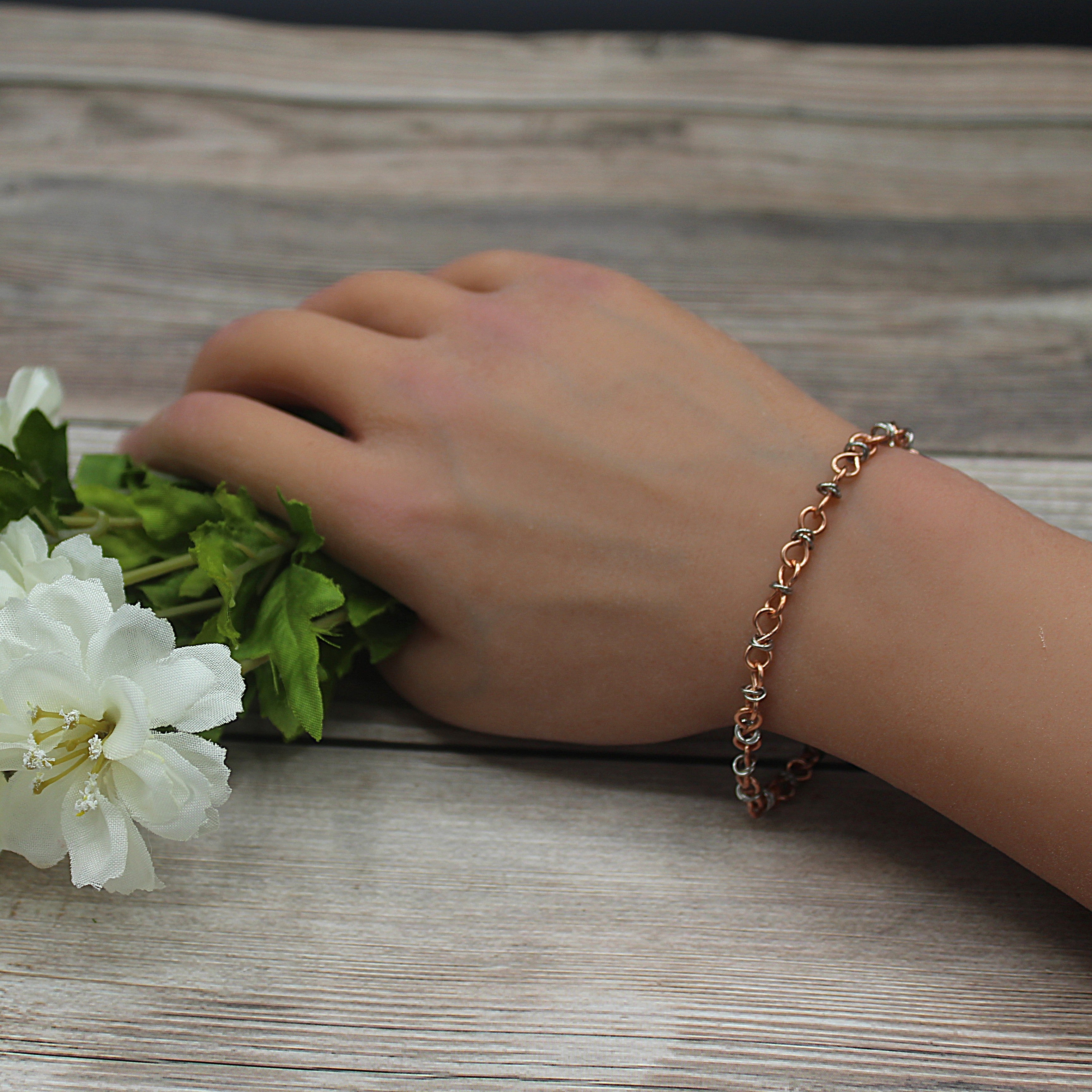 Handcrafted Copper Infinity Link Bracelet with Stainless Steel Accents, 7.00"