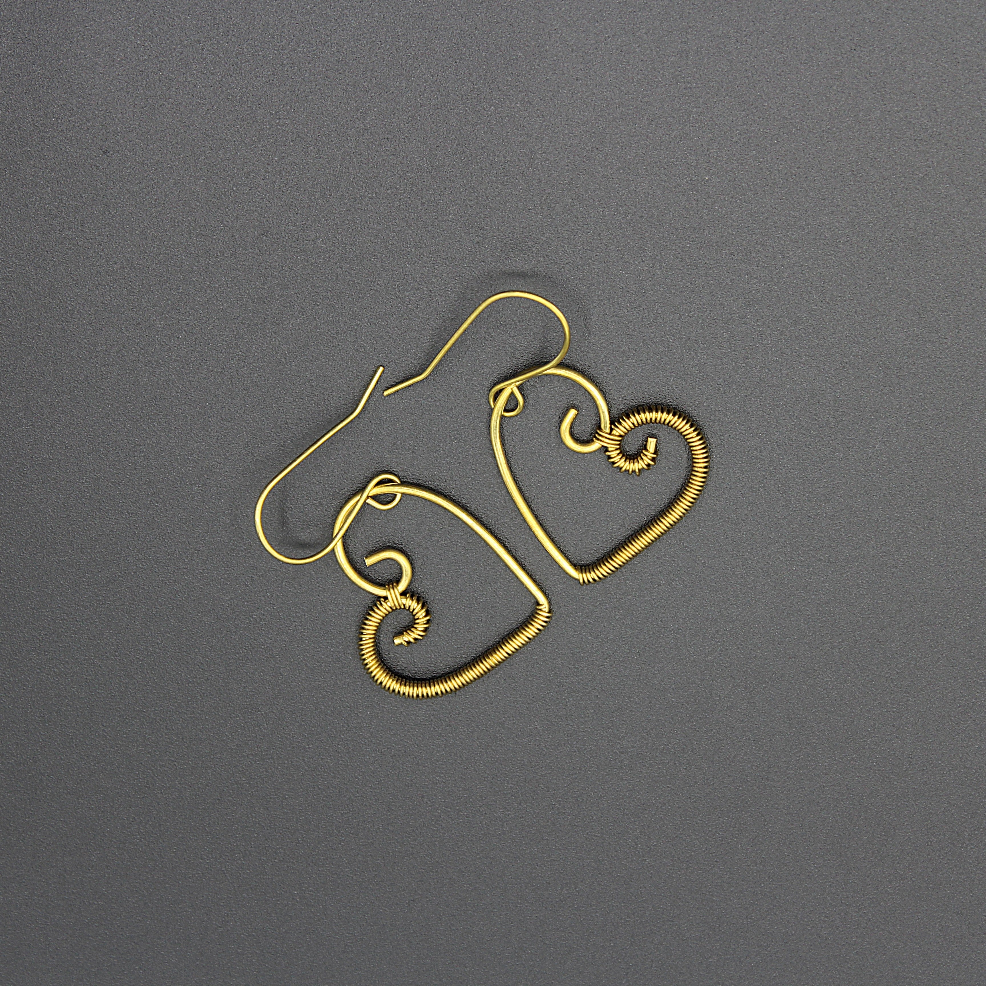 Handcrafted Brass Wire Heart Earrings with Fine Wire Wrapping