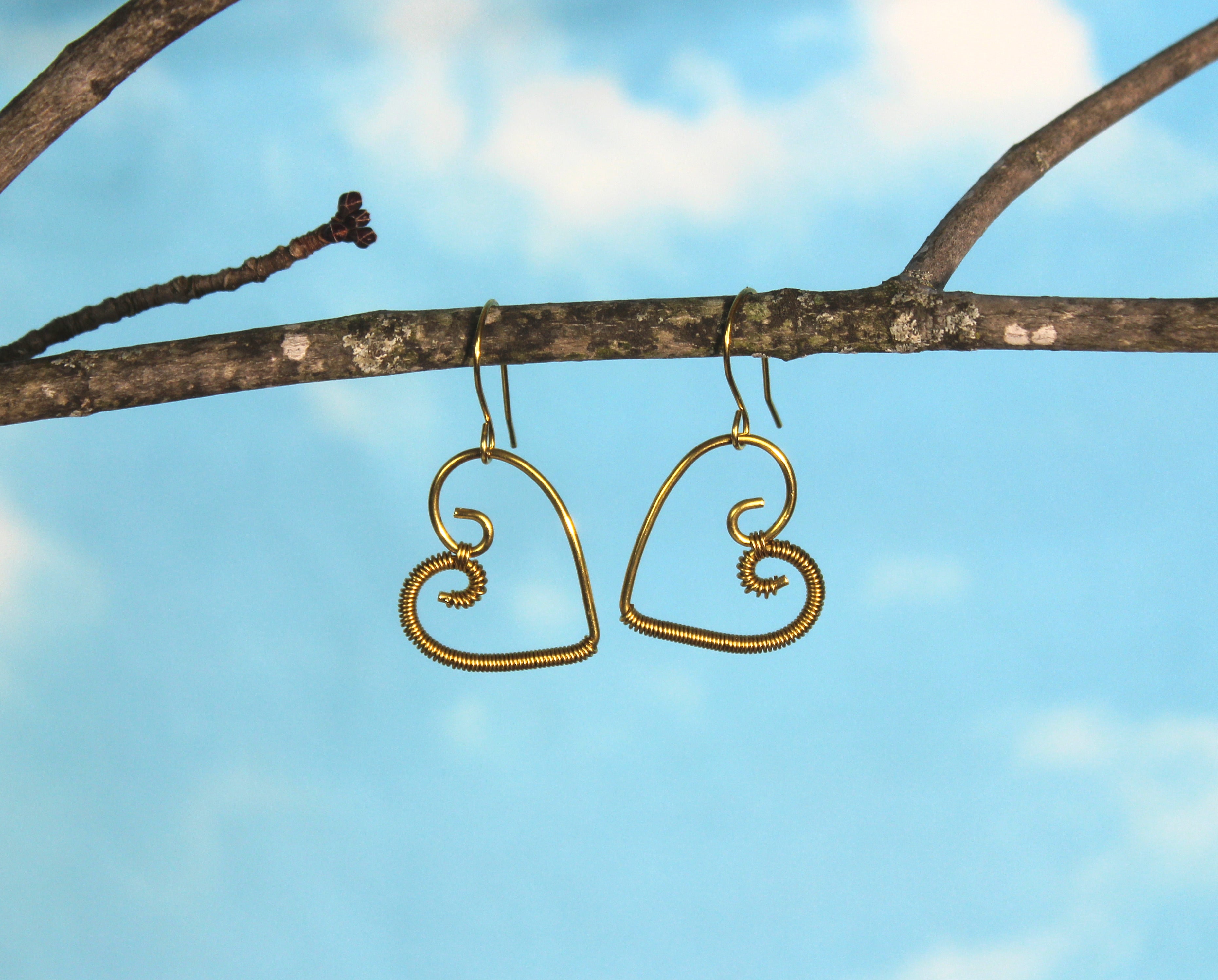 Handcrafted Brass Wire Heart Earrings with Fine Wire Wrapping