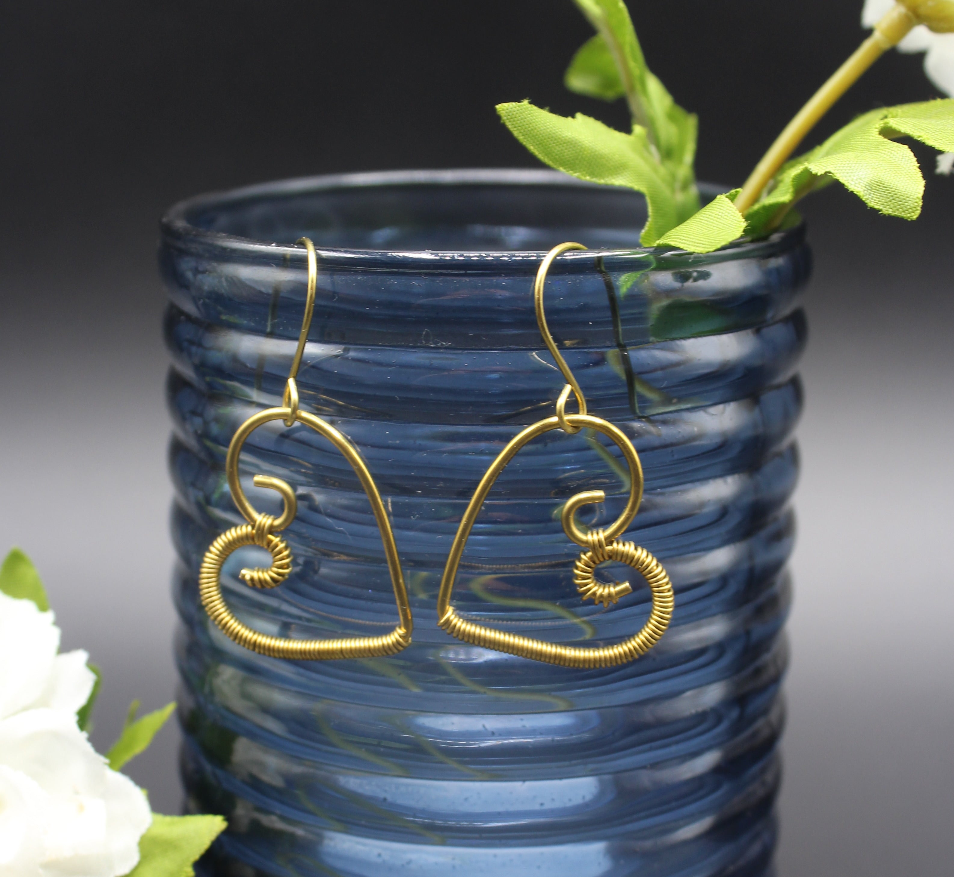 Handcrafted Brass Wire Heart Earrings with Fine Wire Wrapping