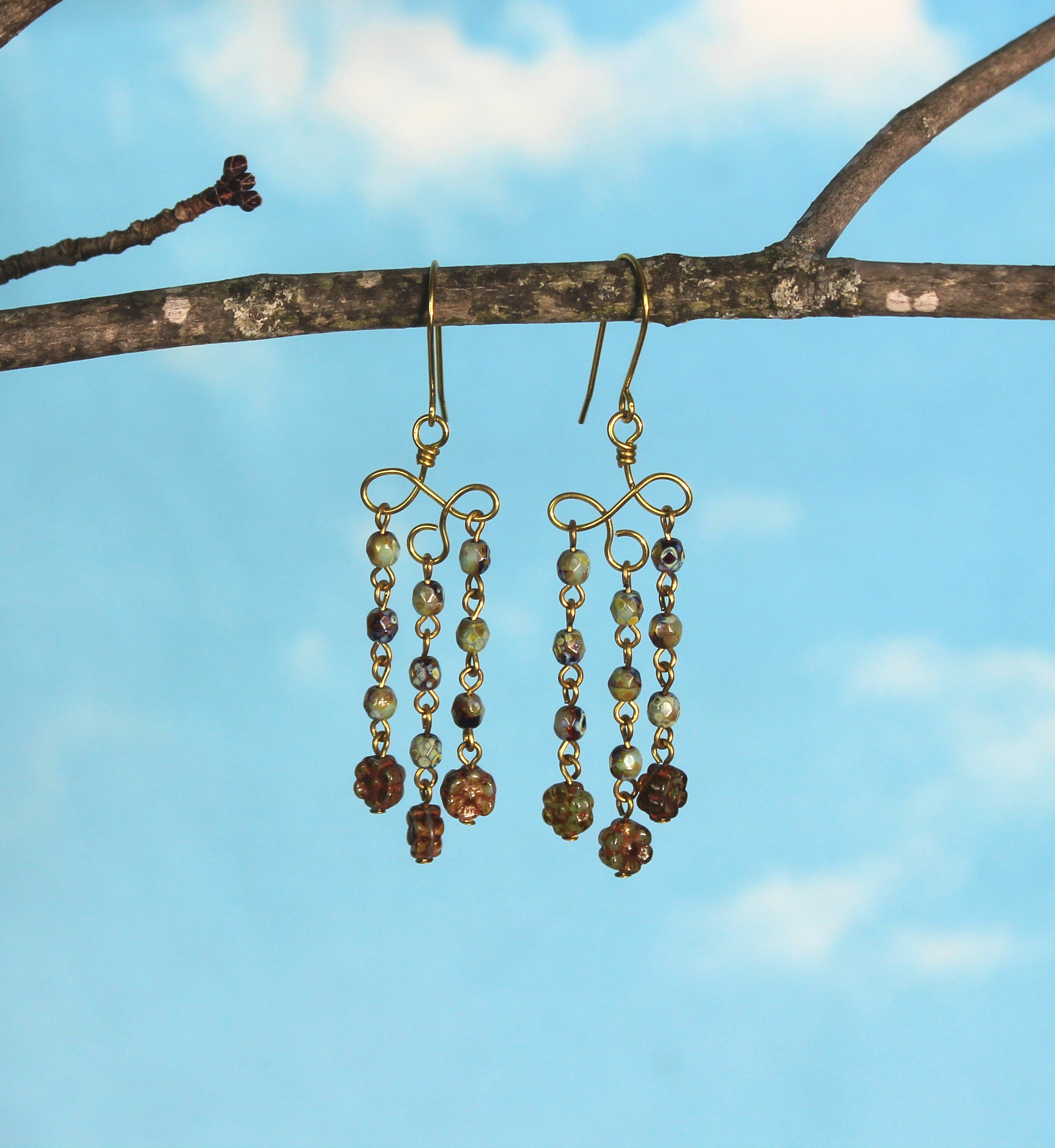 Handcrafted Brass Chandelier Earrings with Czech Glass Beads