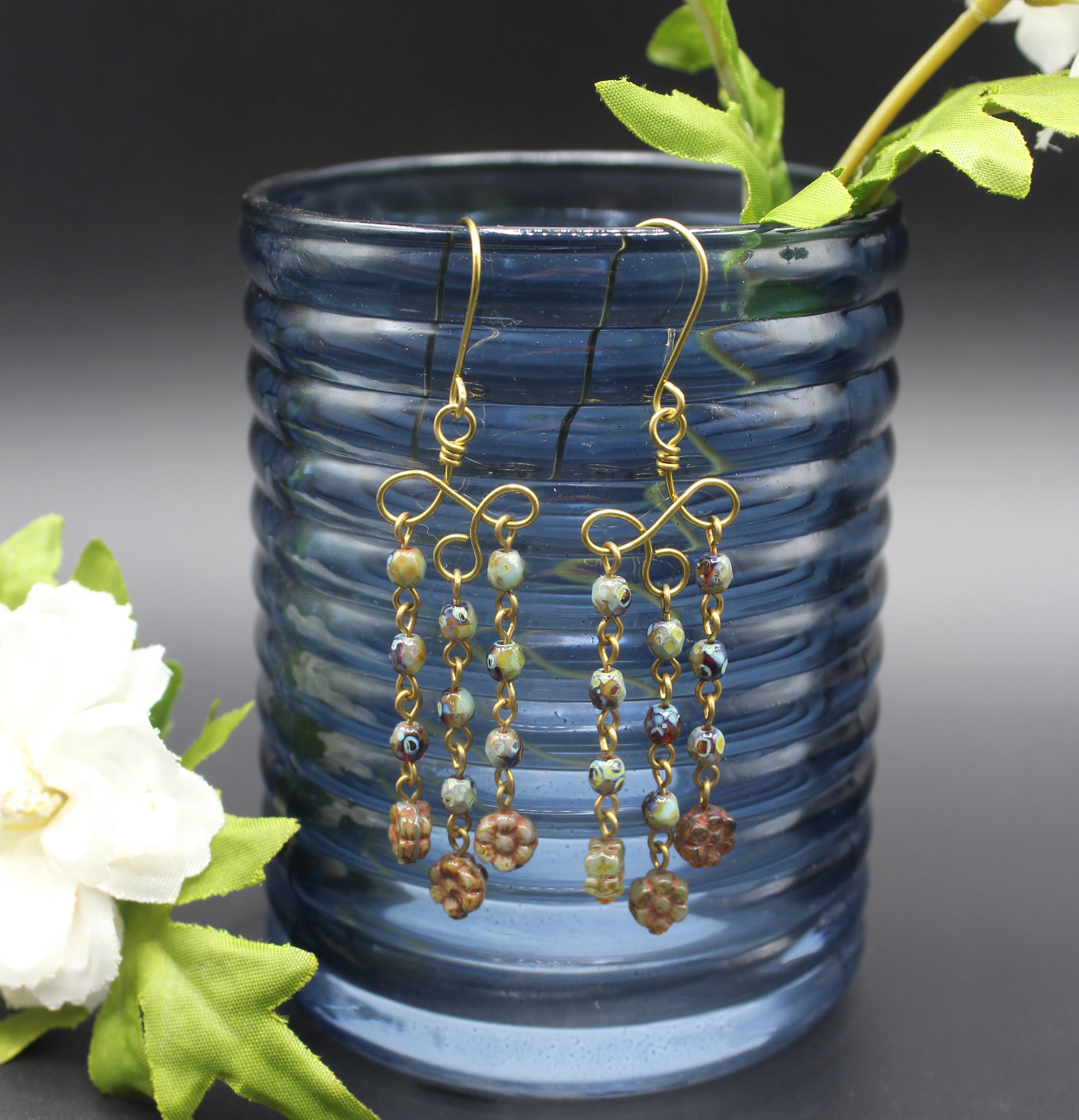 Handcrafted Brass Chandelier Earrings with Czech Glass Beads