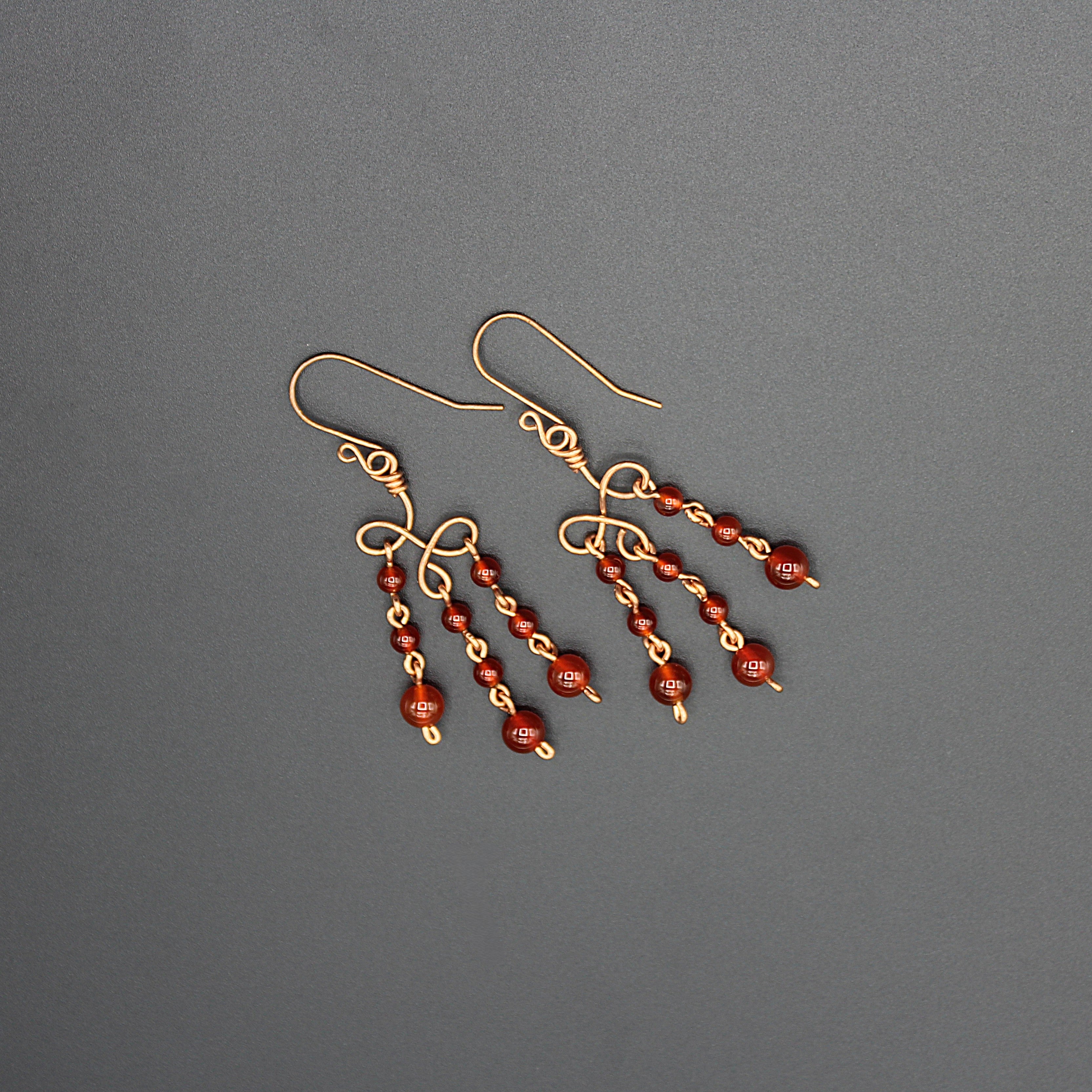 Handcrafted Copper Chandelier Earrings with Carnelian Beads