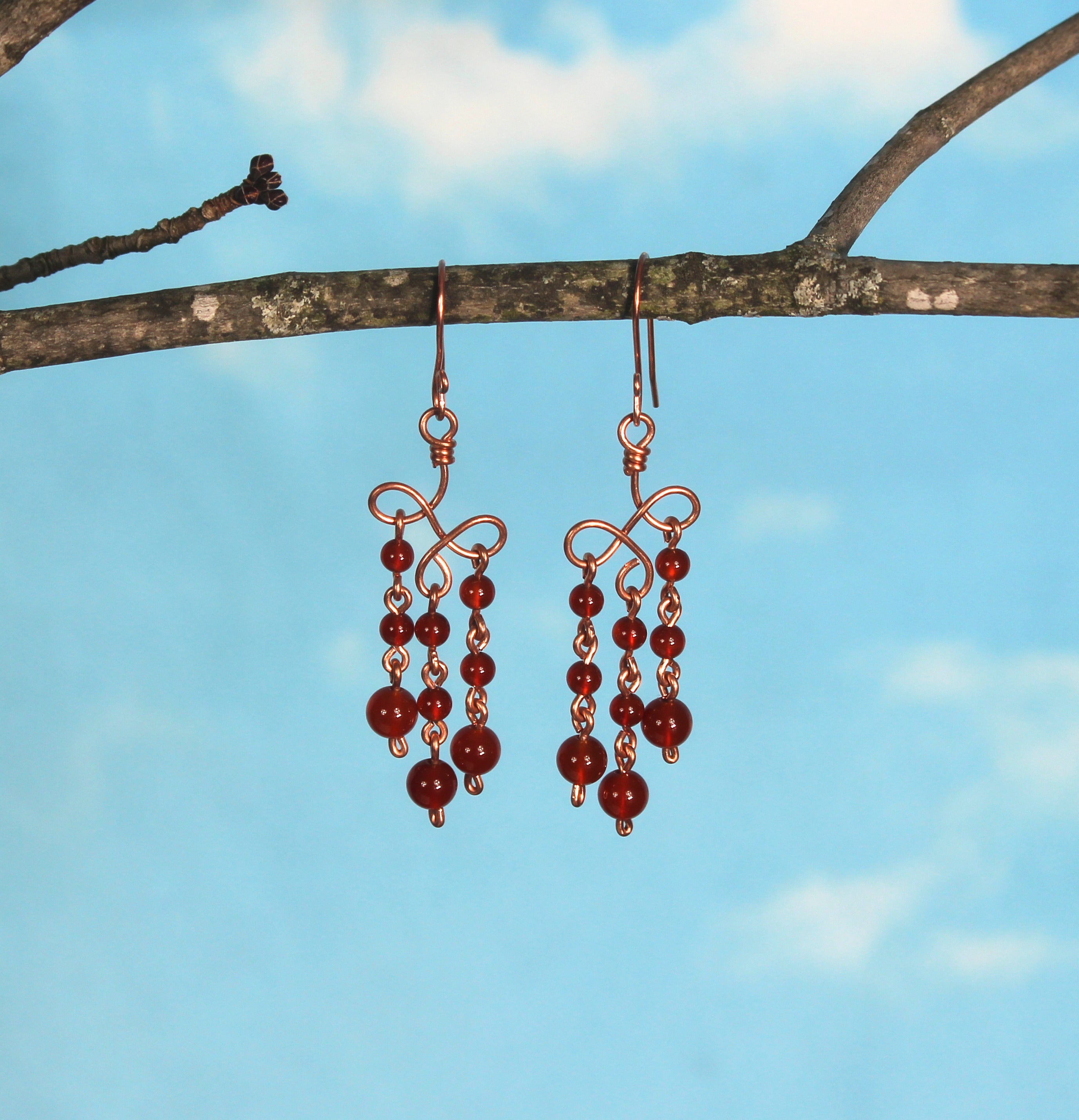 Handcrafted Copper Chandelier Earrings with Carnelian Beads