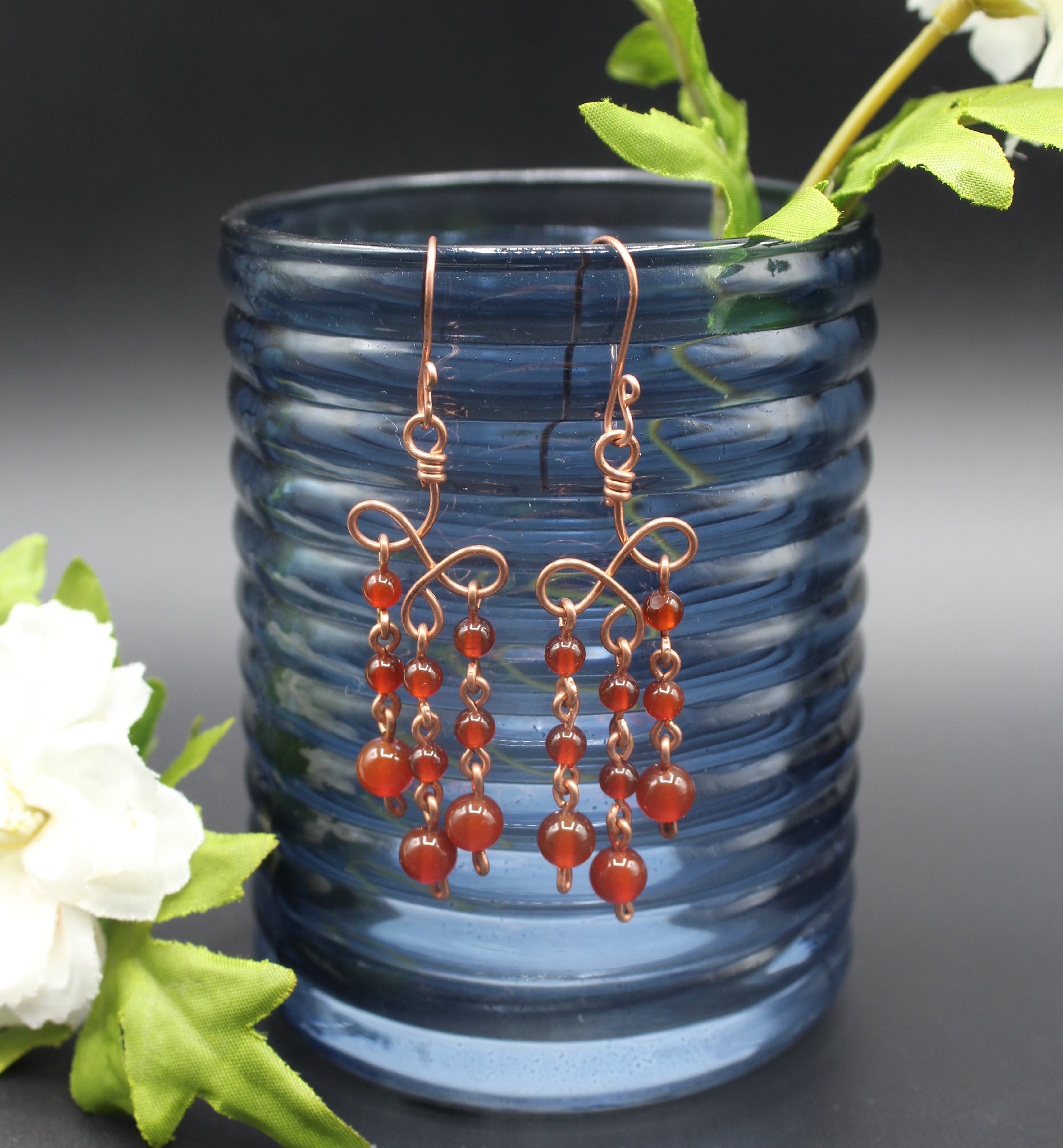 Handcrafted Copper Chandelier Earrings with Carnelian Beads