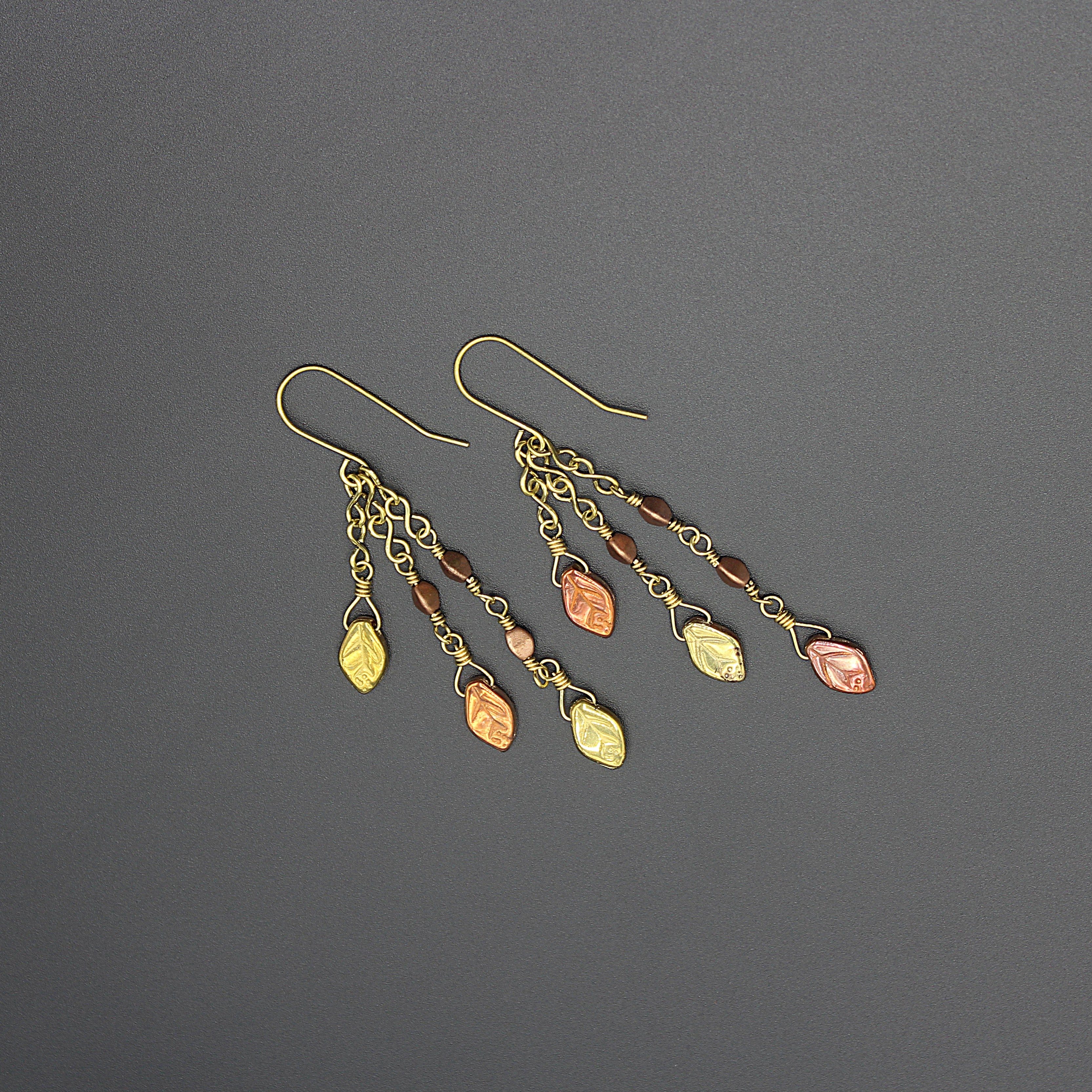 Handcrafted Brass Dangle Earrings with Metallic Czech Glass Leaf Beads