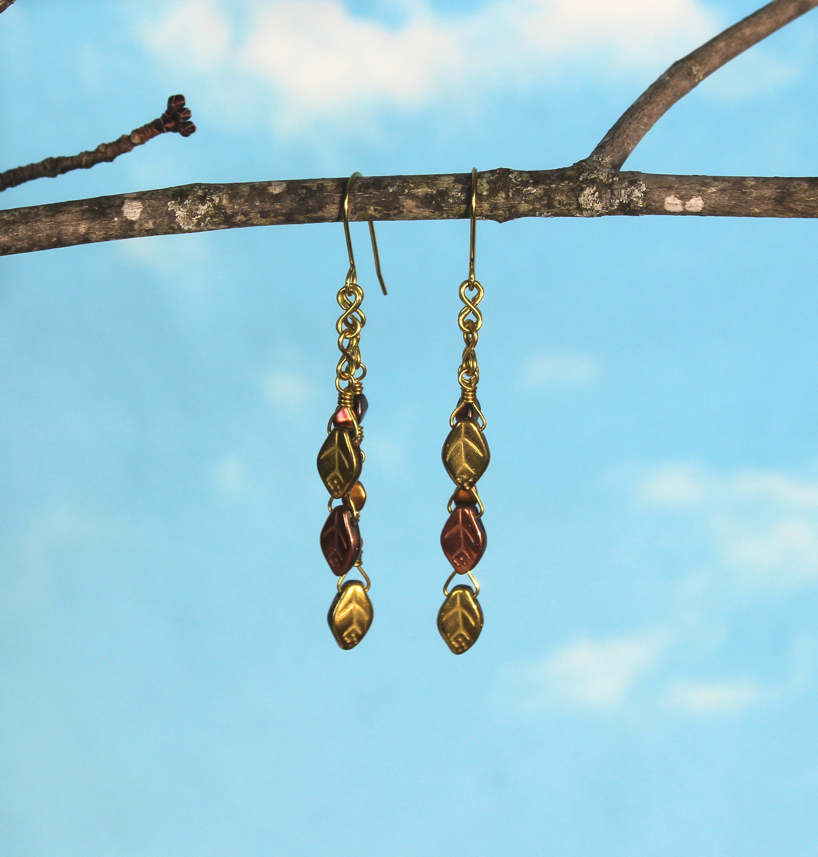 Handcrafted Brass Dangle Earrings with Metallic Czech Glass Leaf Beads