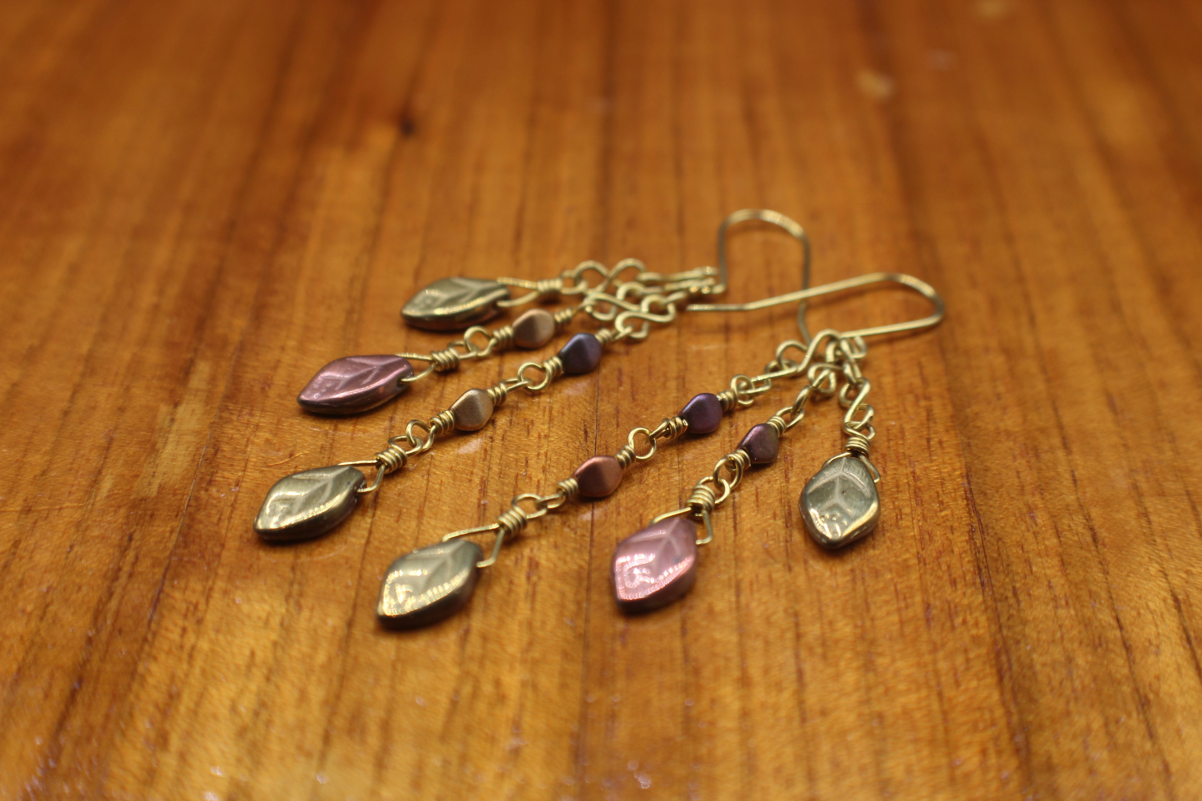 Handcrafted Brass Dangle Earrings with Metallic Czech Glass Leaf Beads