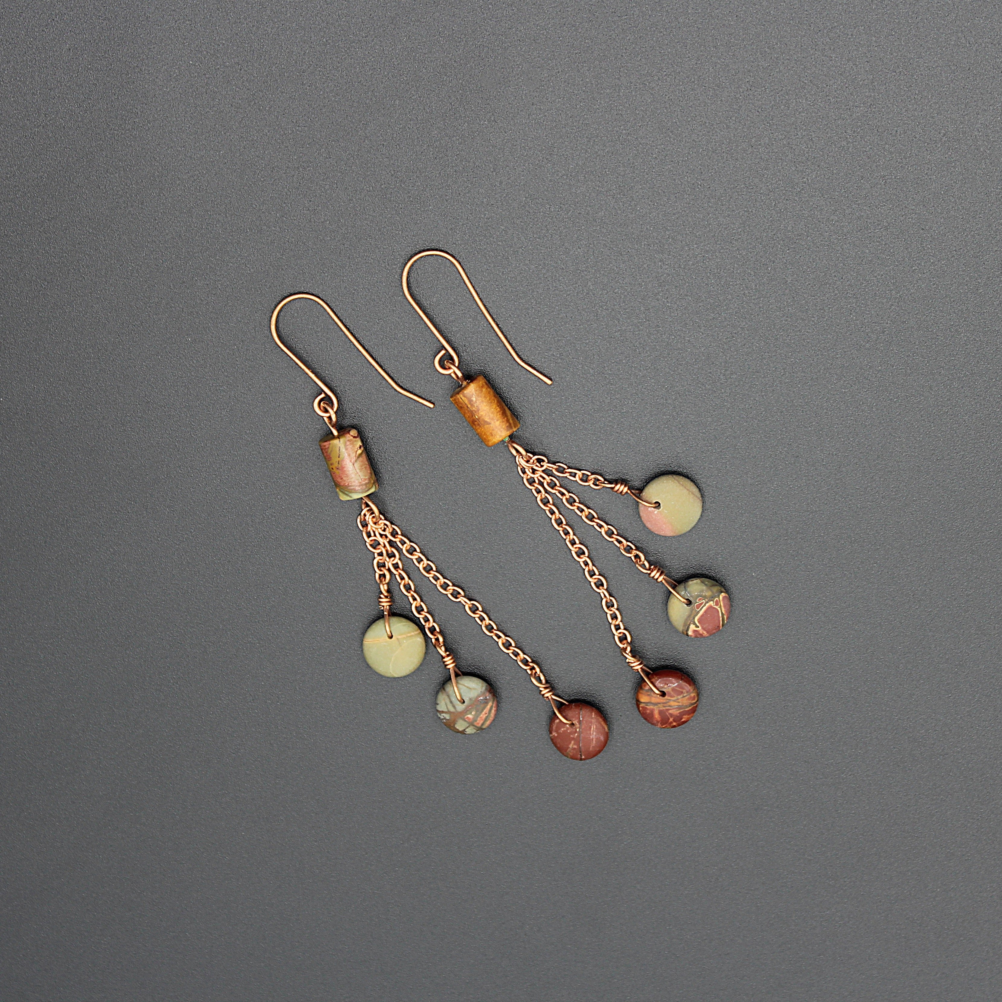 Handcrafted Copper Chain Dangle Earrings with Jasper Beads, 2.75"