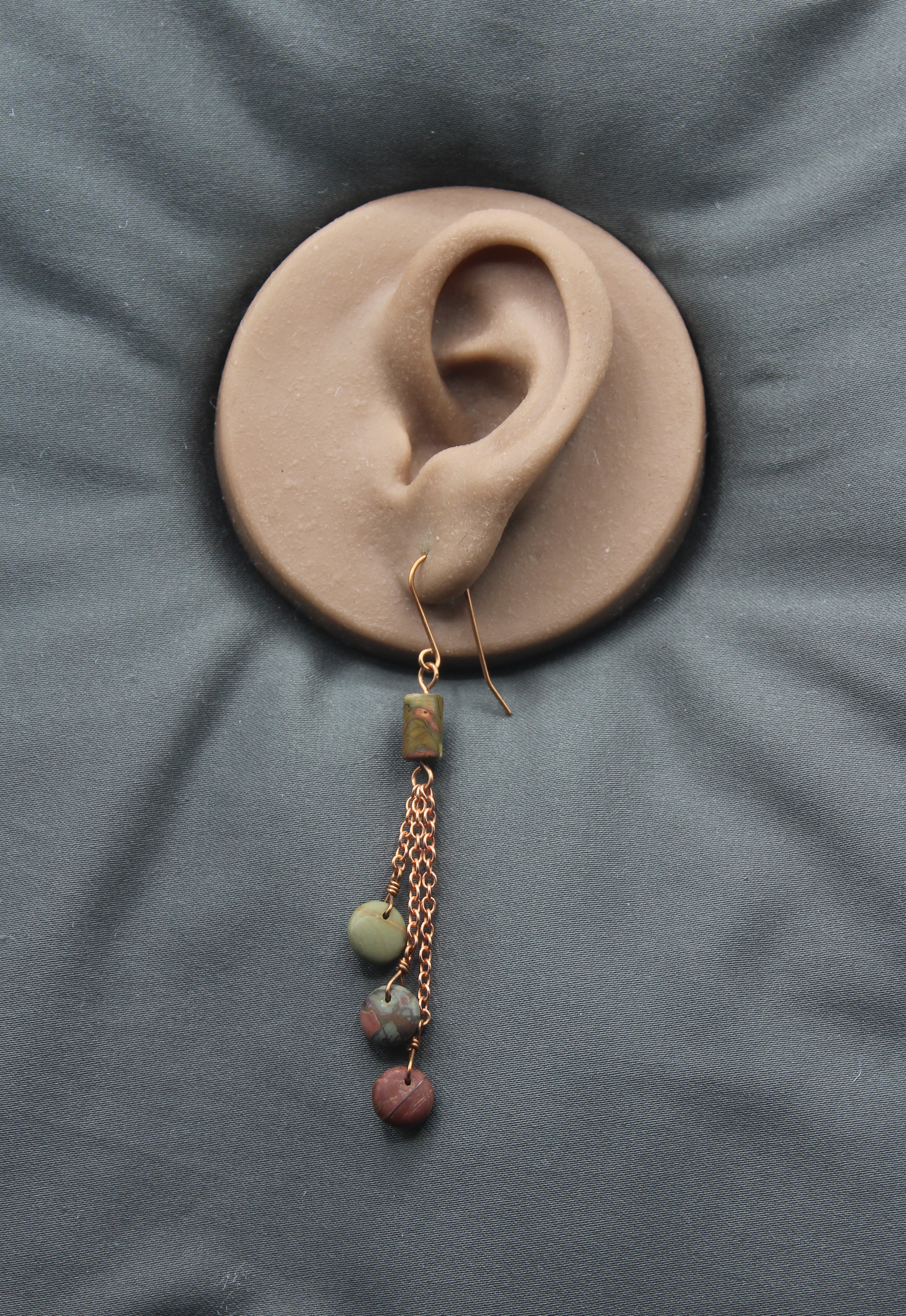 Handcrafted Copper Chain Dangle Earrings with Jasper Beads, 2.75"
