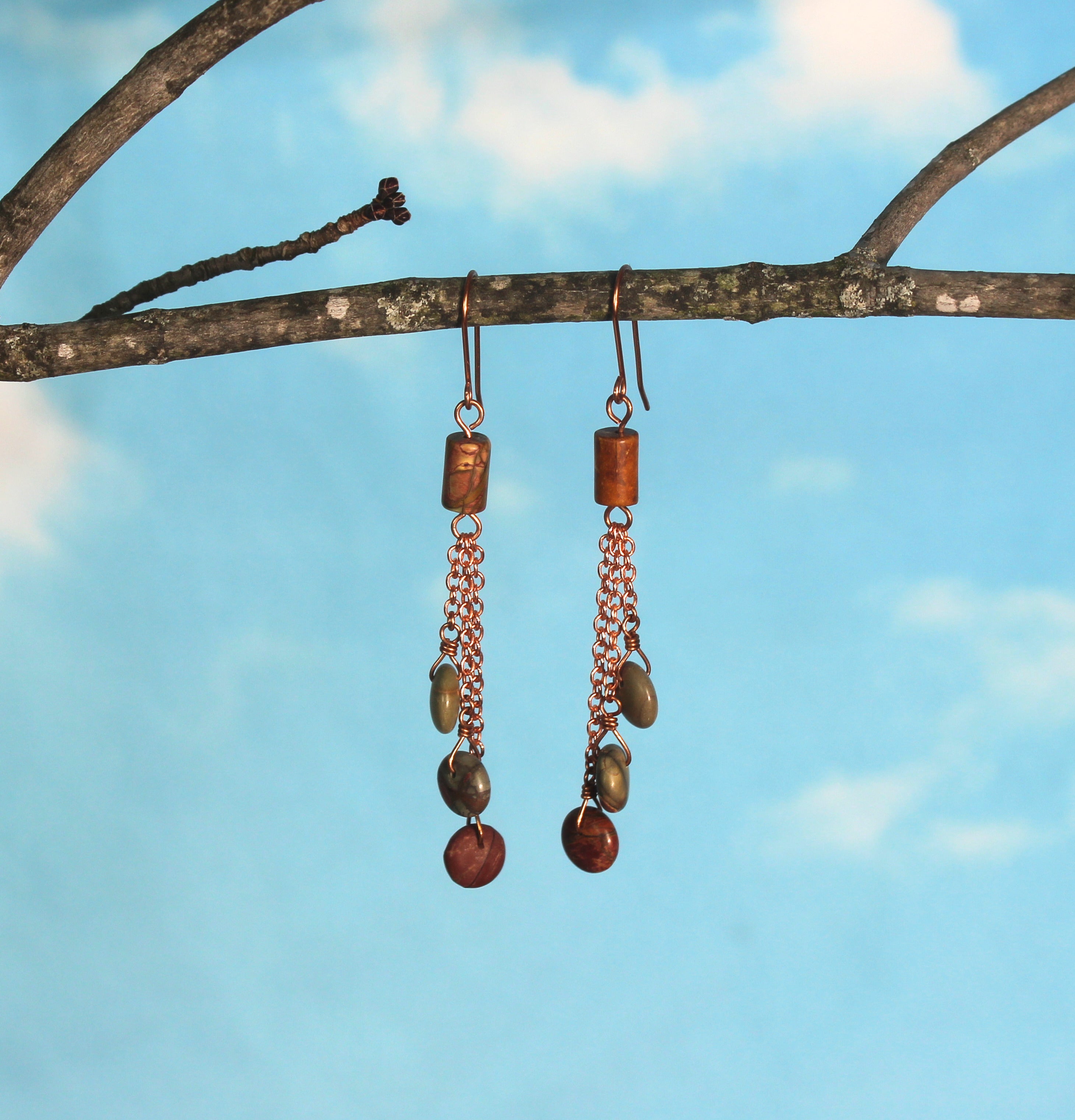 Handcrafted Copper Chain Dangle Earrings with Jasper Beads, 2.75"