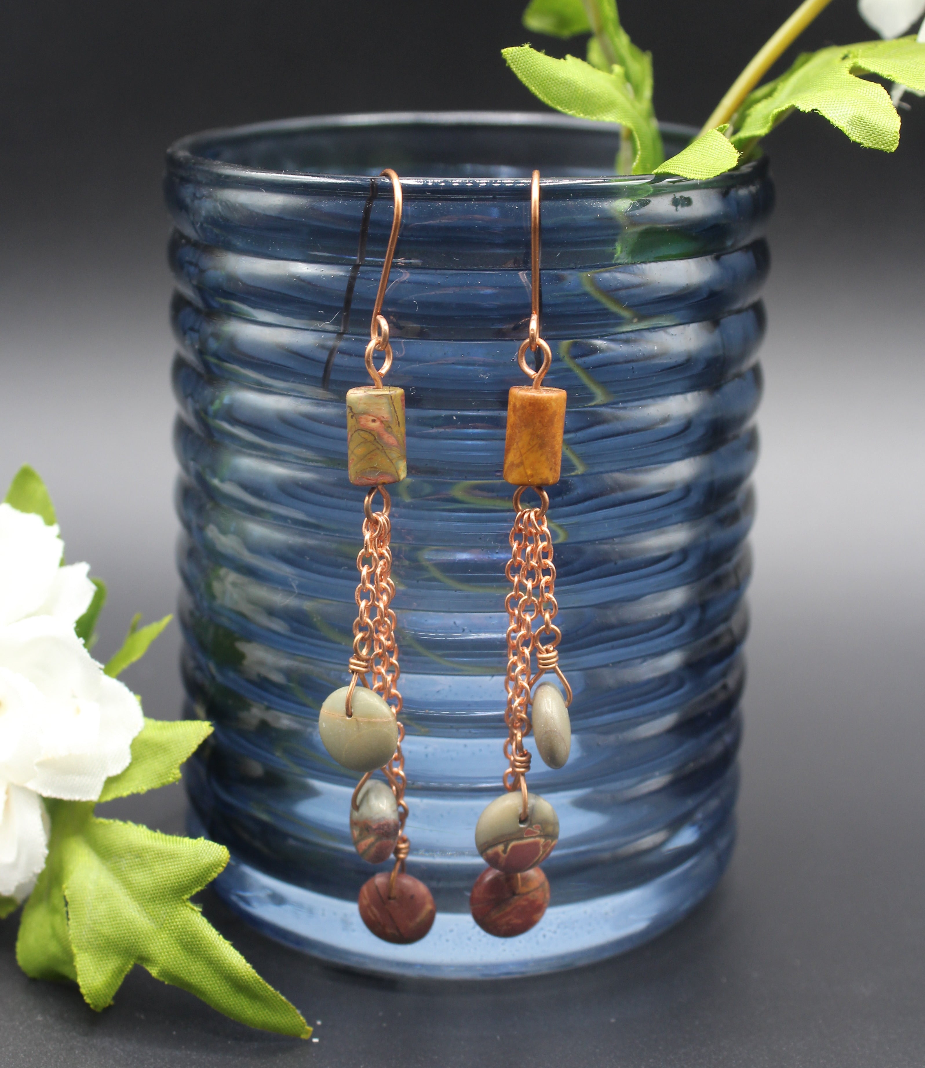 Handcrafted Copper Chain Dangle Earrings with Jasper Beads, 2.75"