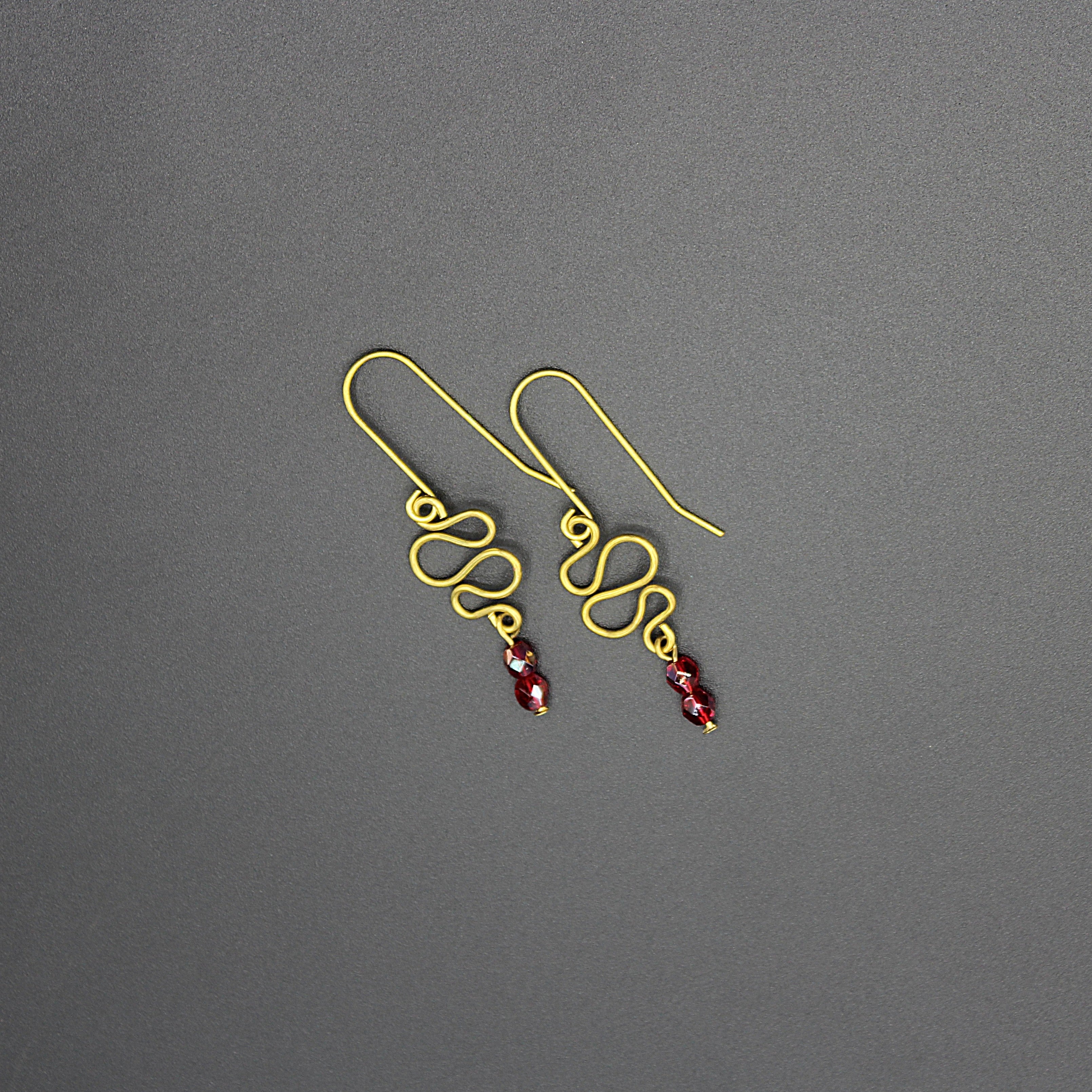 Handcrafted Brass Dangle Earrings with Ruby Red Fire-Polished Czech Glass Beads