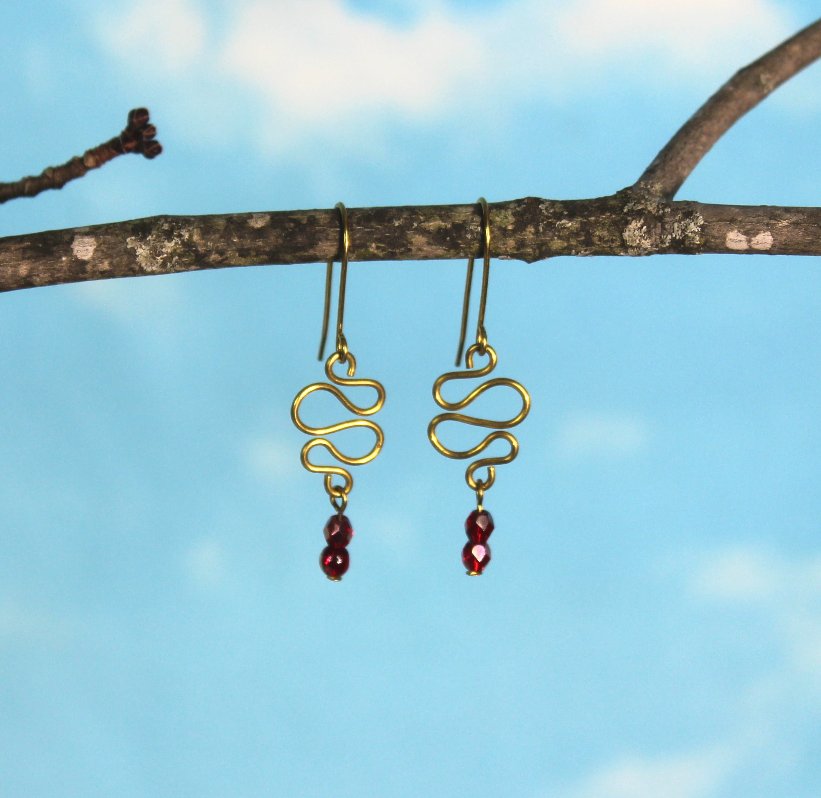 Handcrafted Brass Dangle Earrings with Ruby Red Fire-Polished Czech Glass Beads