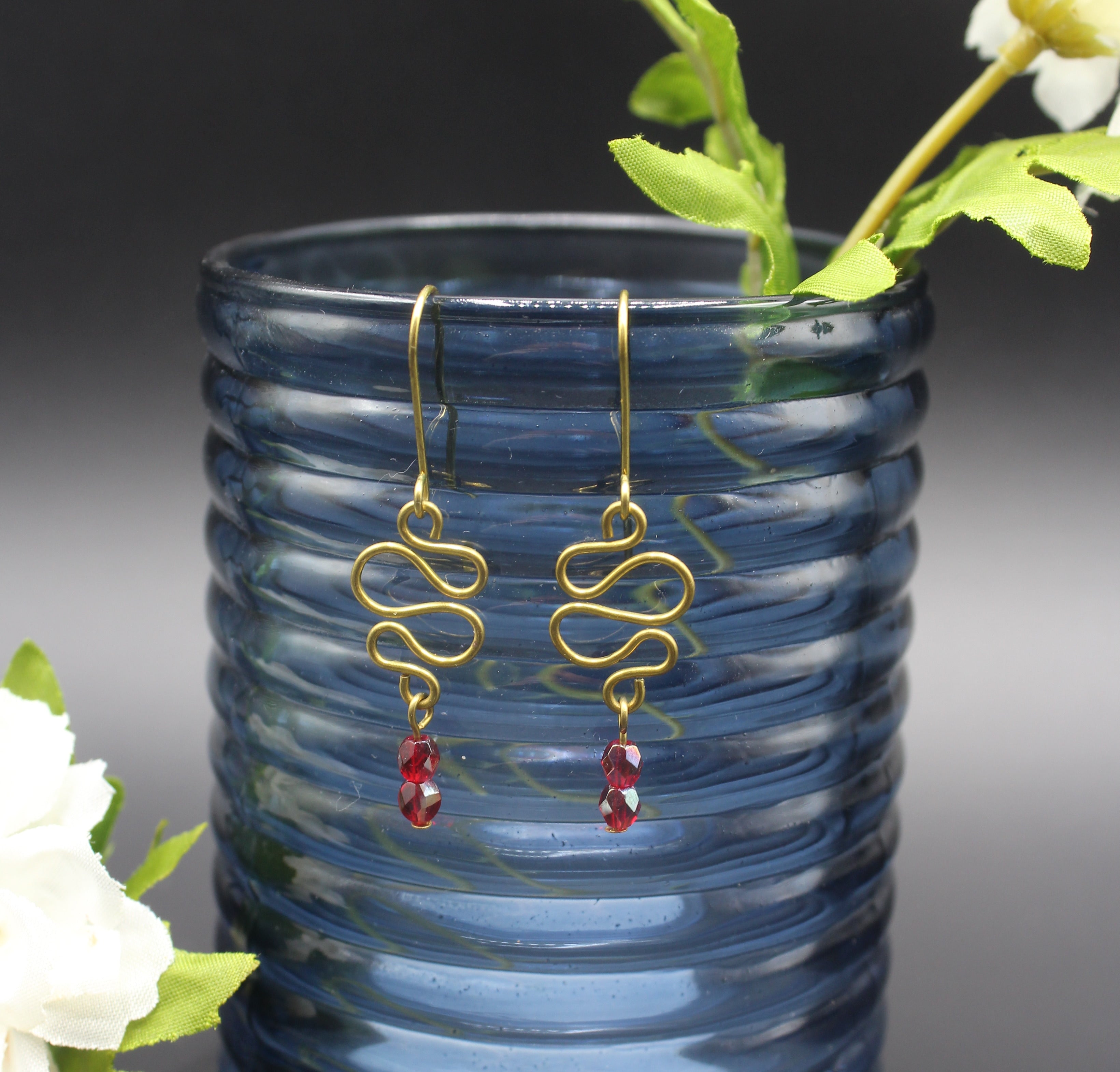 Handcrafted Brass Dangle Earrings with Ruby Red Fire-Polished Czech Glass Beads