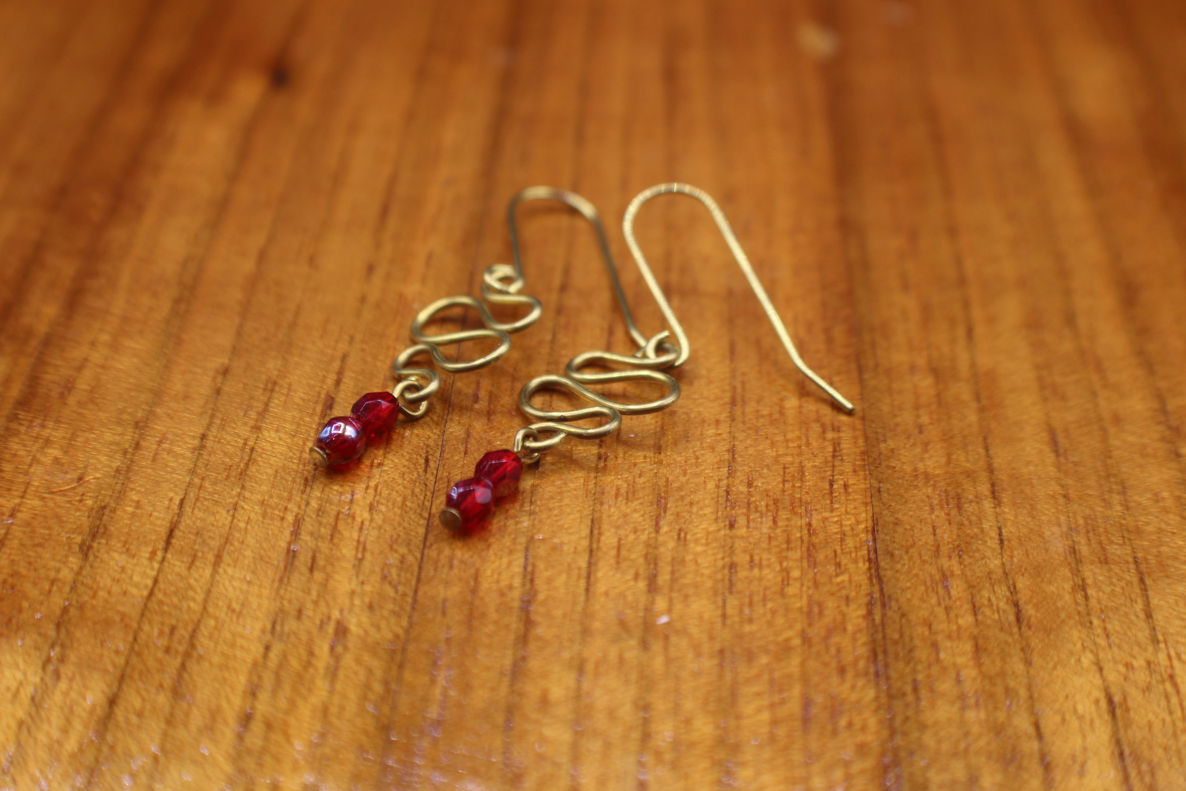 Handcrafted Brass Dangle Earrings with Ruby Red Fire-Polished Czech Glass Beads