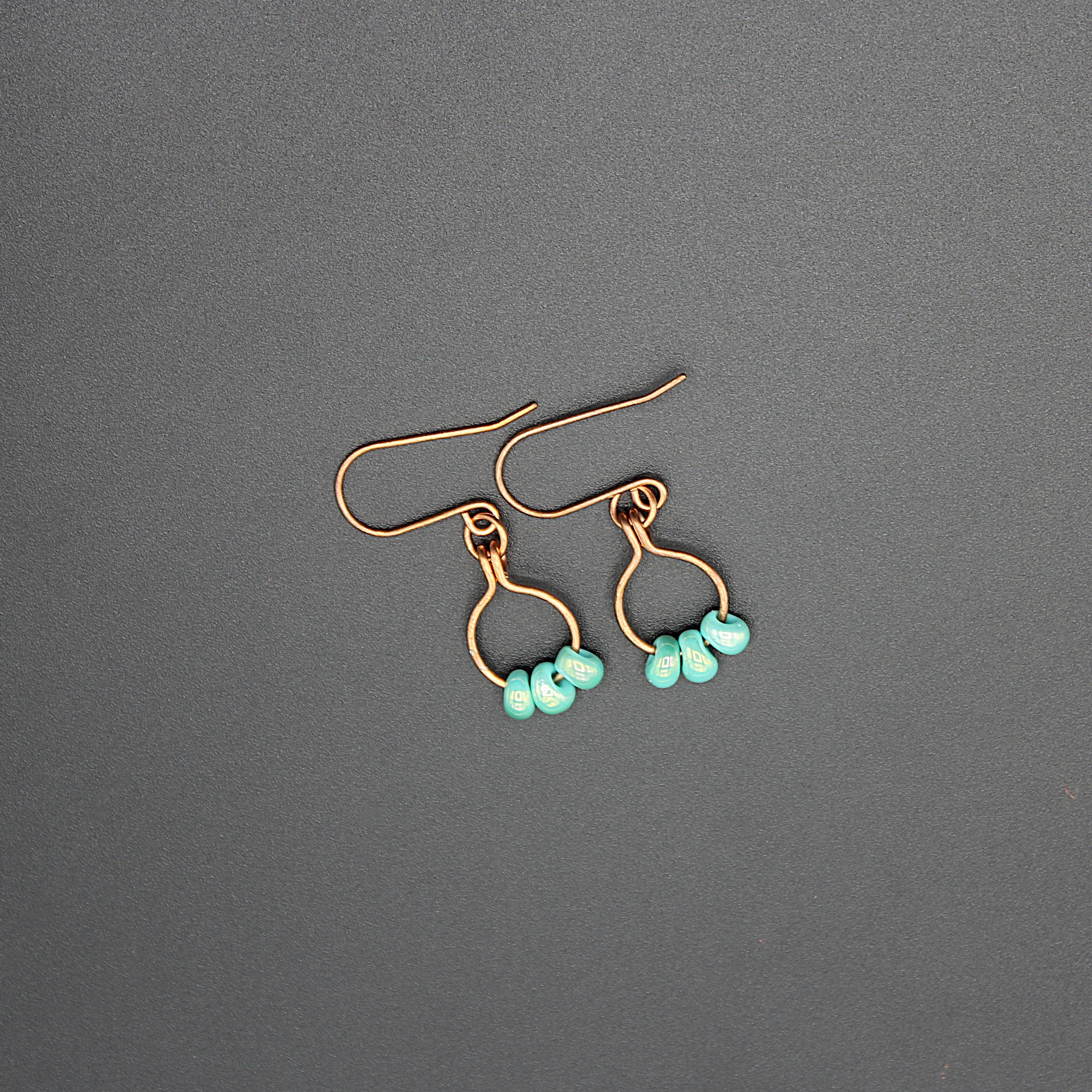 Handcrafted Copper Hoop Dangle Earrings with Aqua Glass Beads